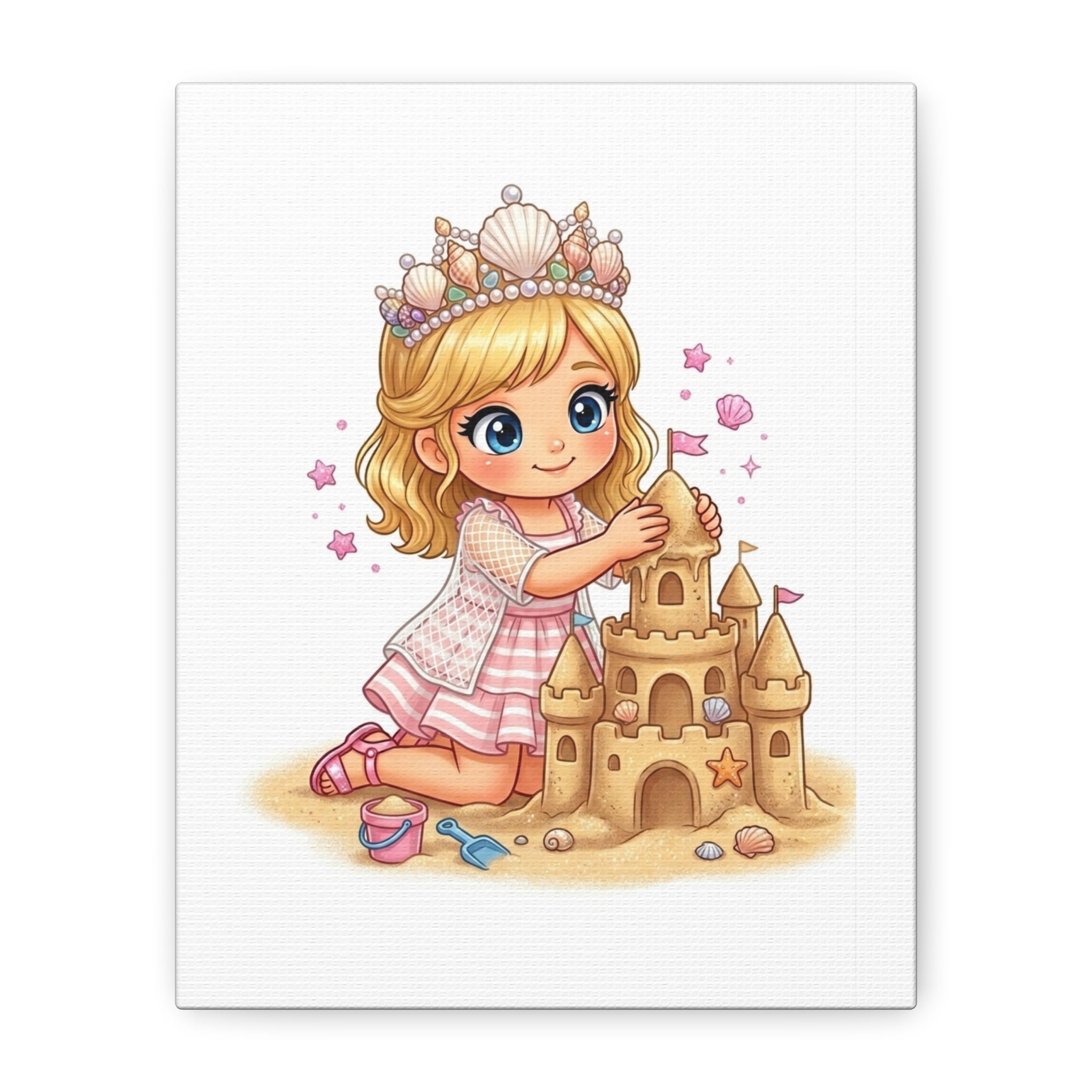 Princess Girl Building Sandcastle Canvas Wall Art — Cute Coastal Nursery Decor