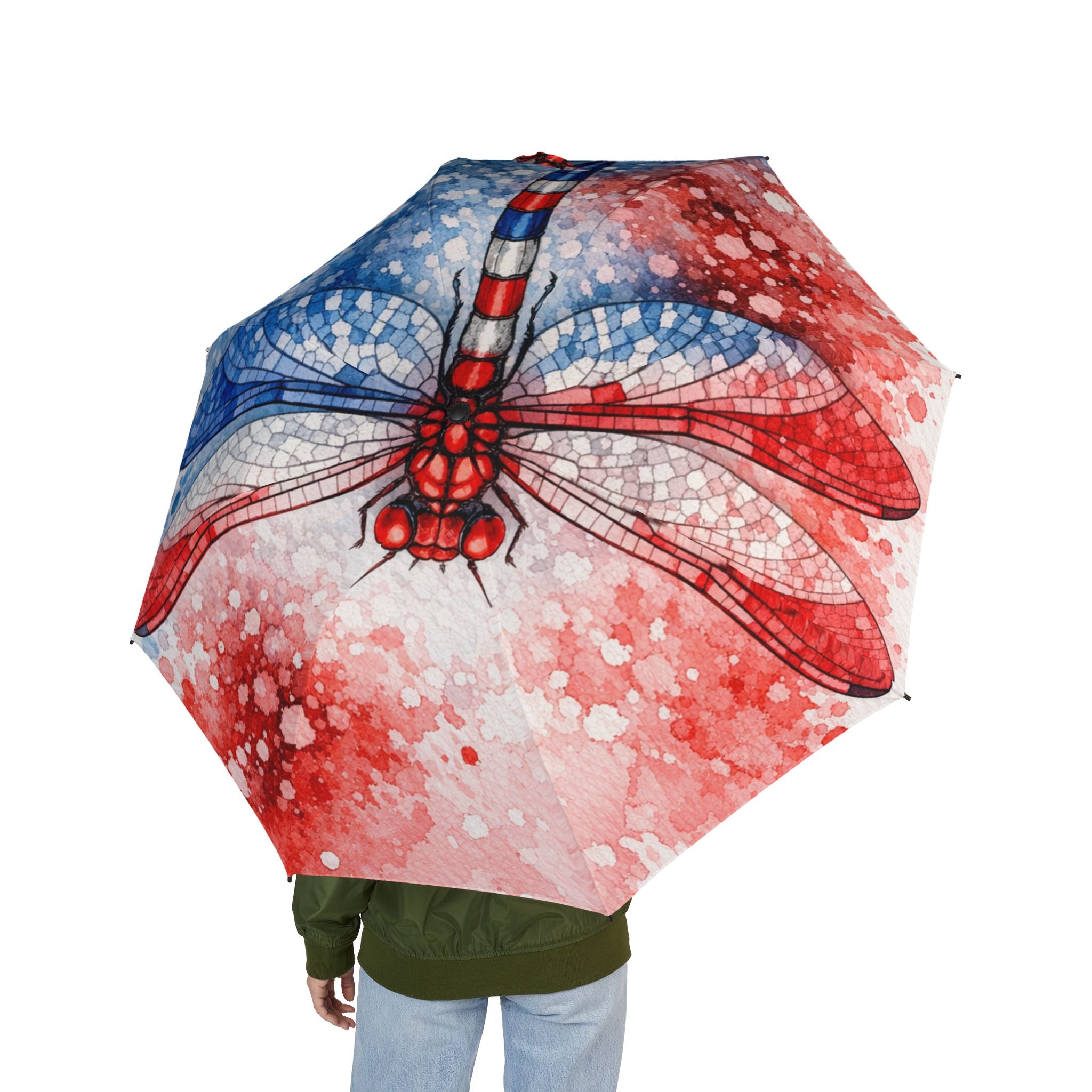 Patriotic Dragonfly Foldable Umbrella – Red White Blue Semi-Auto Compact Rain Umbrella