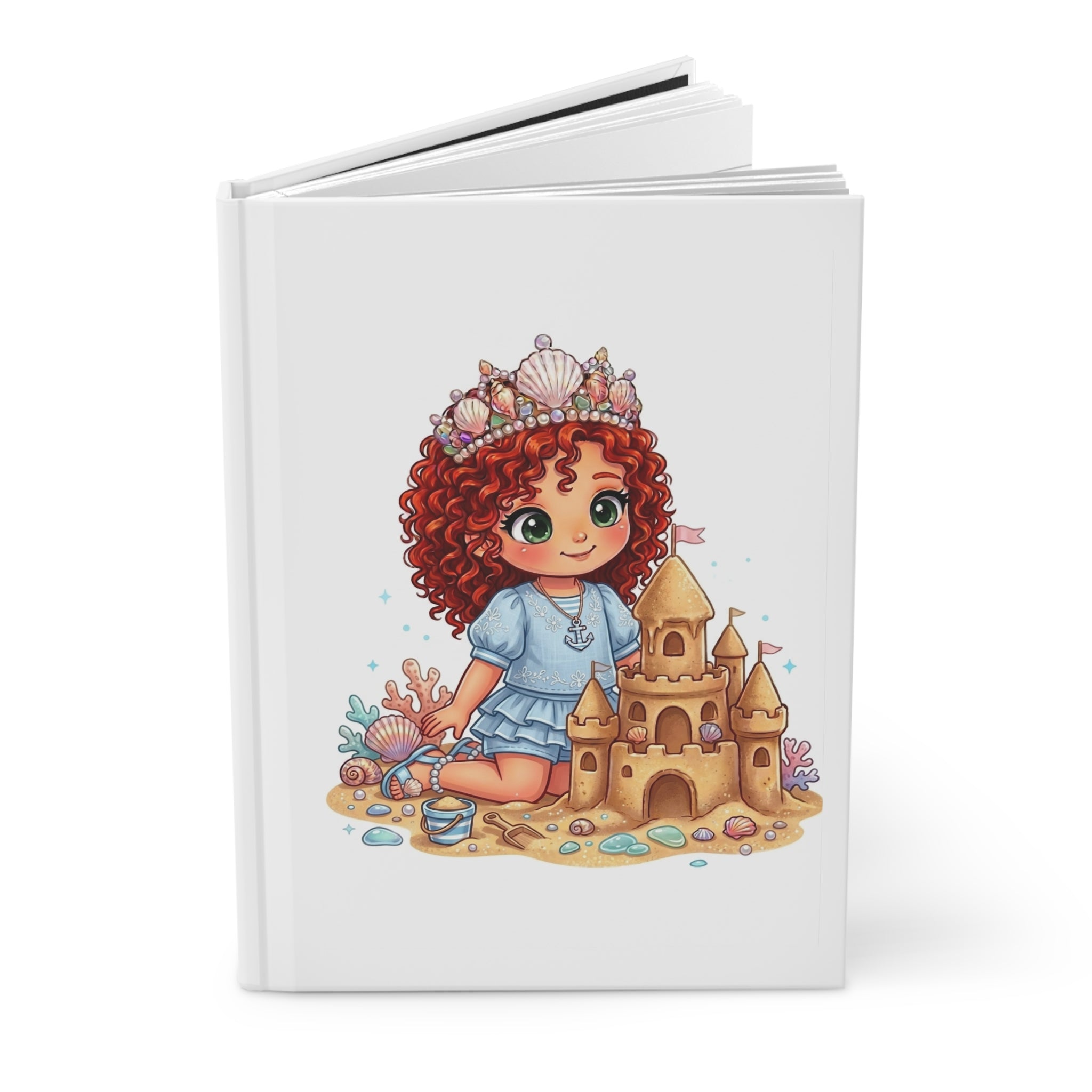 Mermaid Princess Sandcastle Hardcover Journal — Cute Redhead Girl Beach Notebook