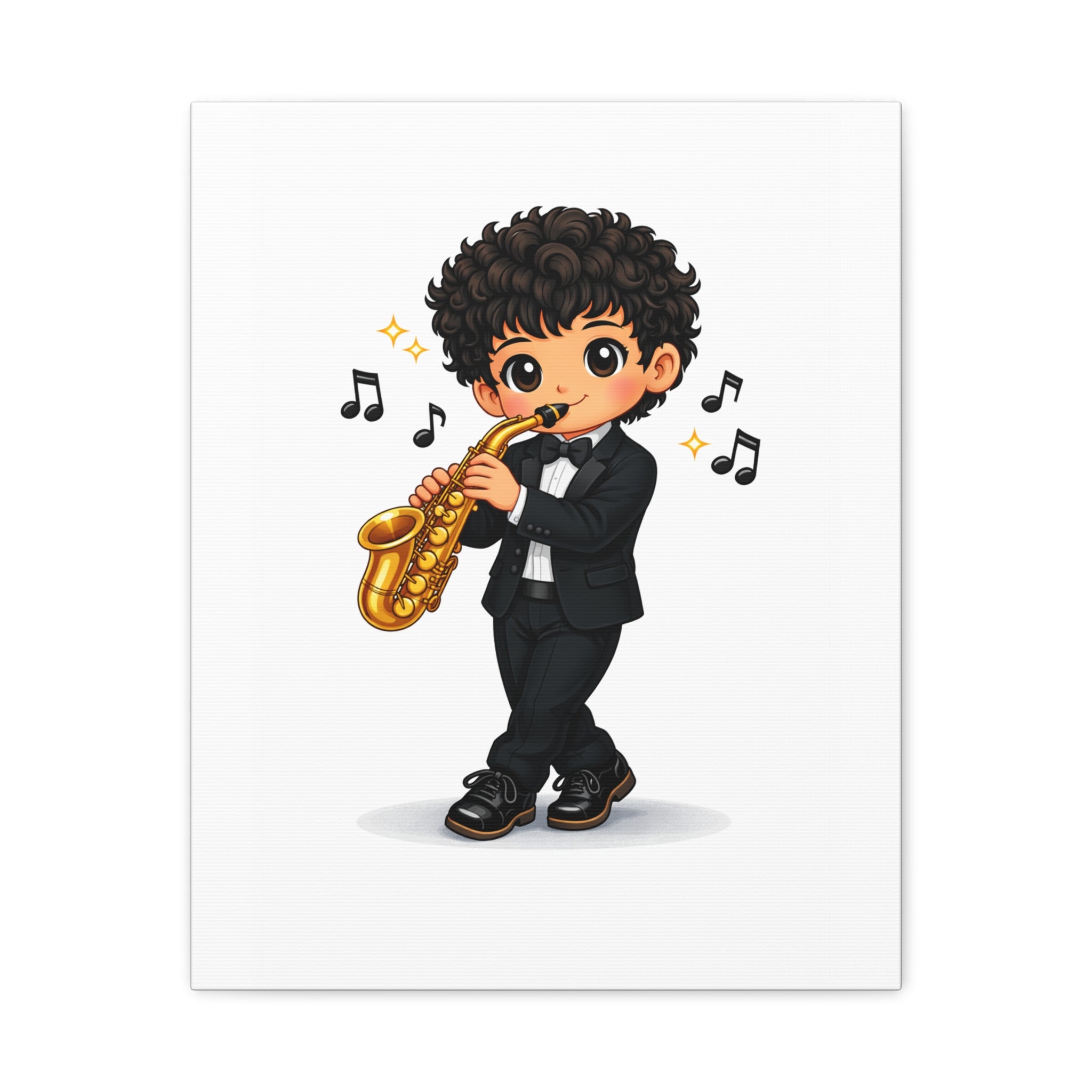 Cute Saxophonist Wall Canvas — Chibi Boy Playing Saxophone Artwork