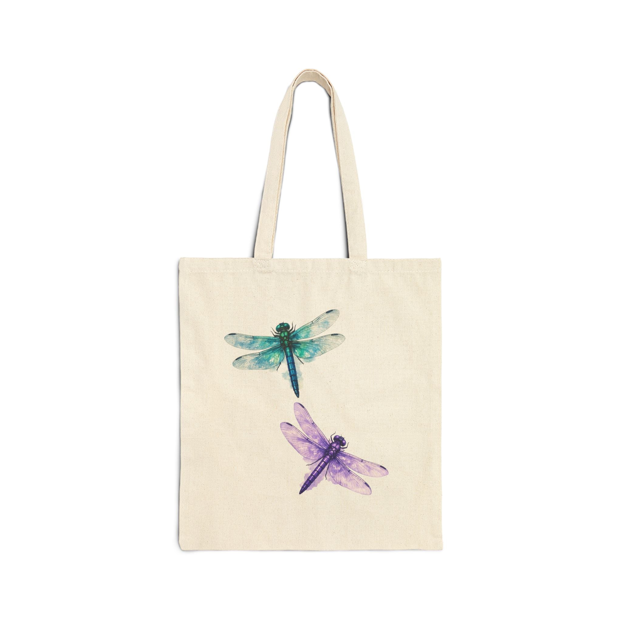 Canvas Tote Bag – Watercolor Dragonfly Floral Tote, Eco-Friendly Cotton Market Bag