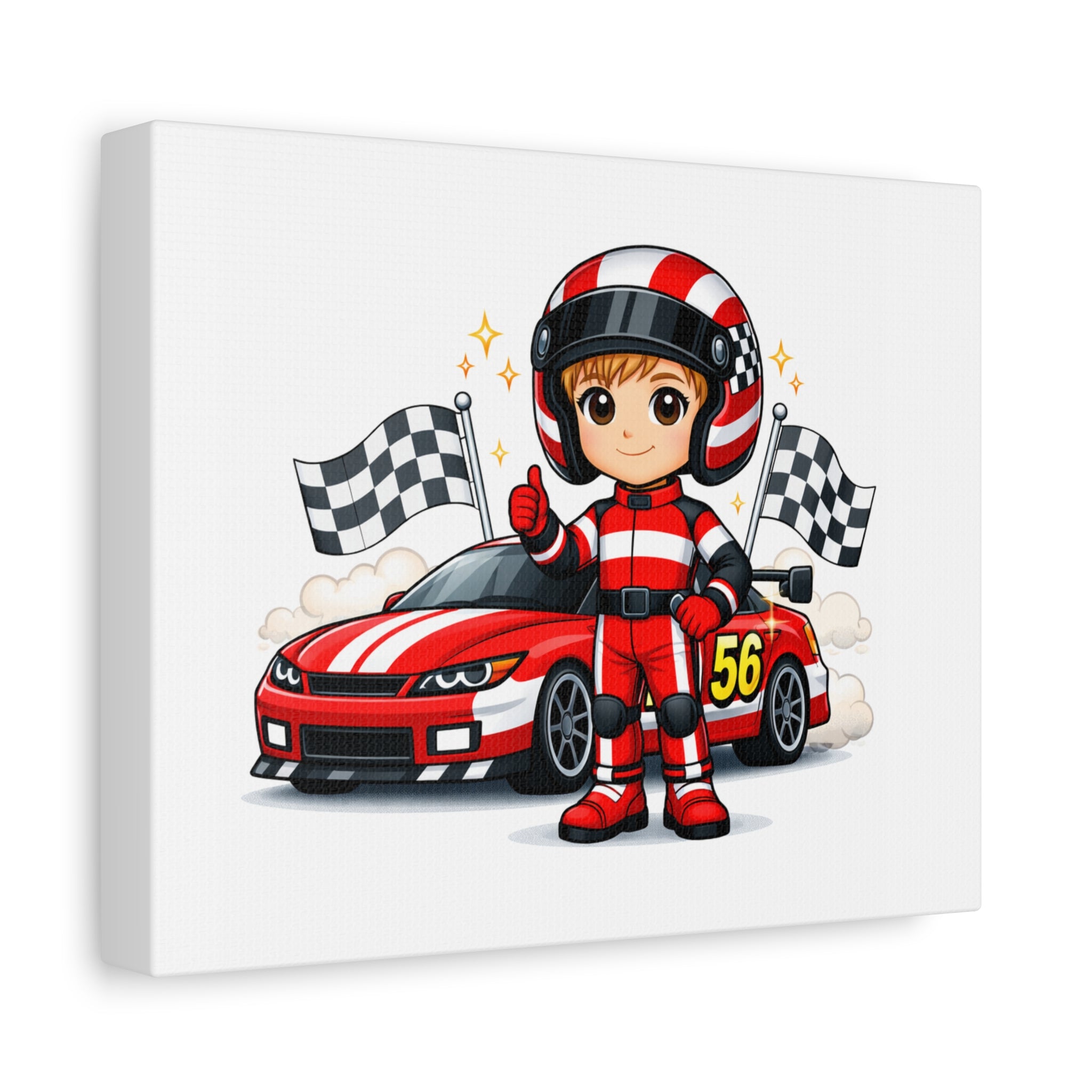 Race Car Driver Canvas Wall Art — Cute Cartoon Racer with Checkered Flags