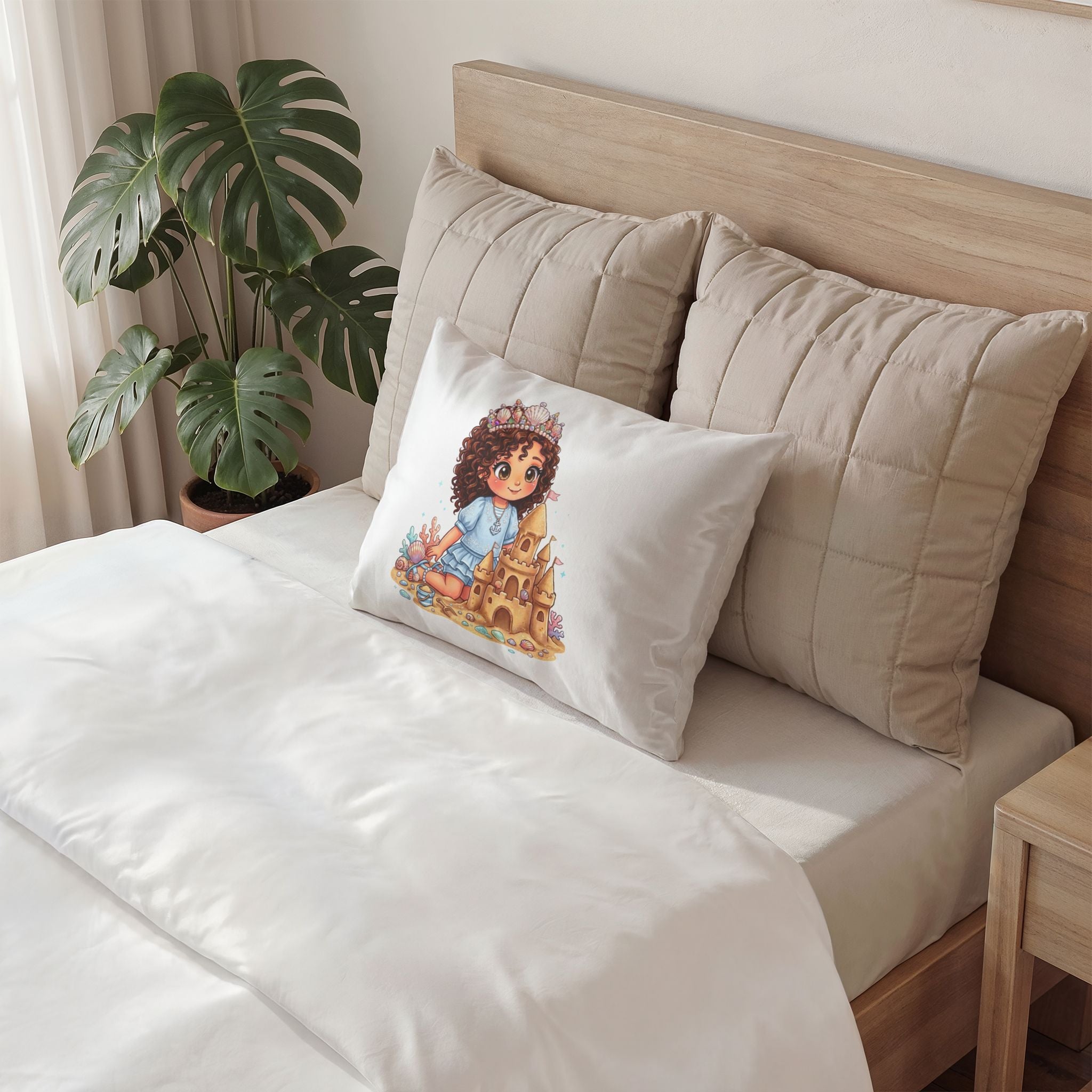 Kids Beach Girl Pillow Sham — Cute Princess Sandcastle Cotton Pillowcase