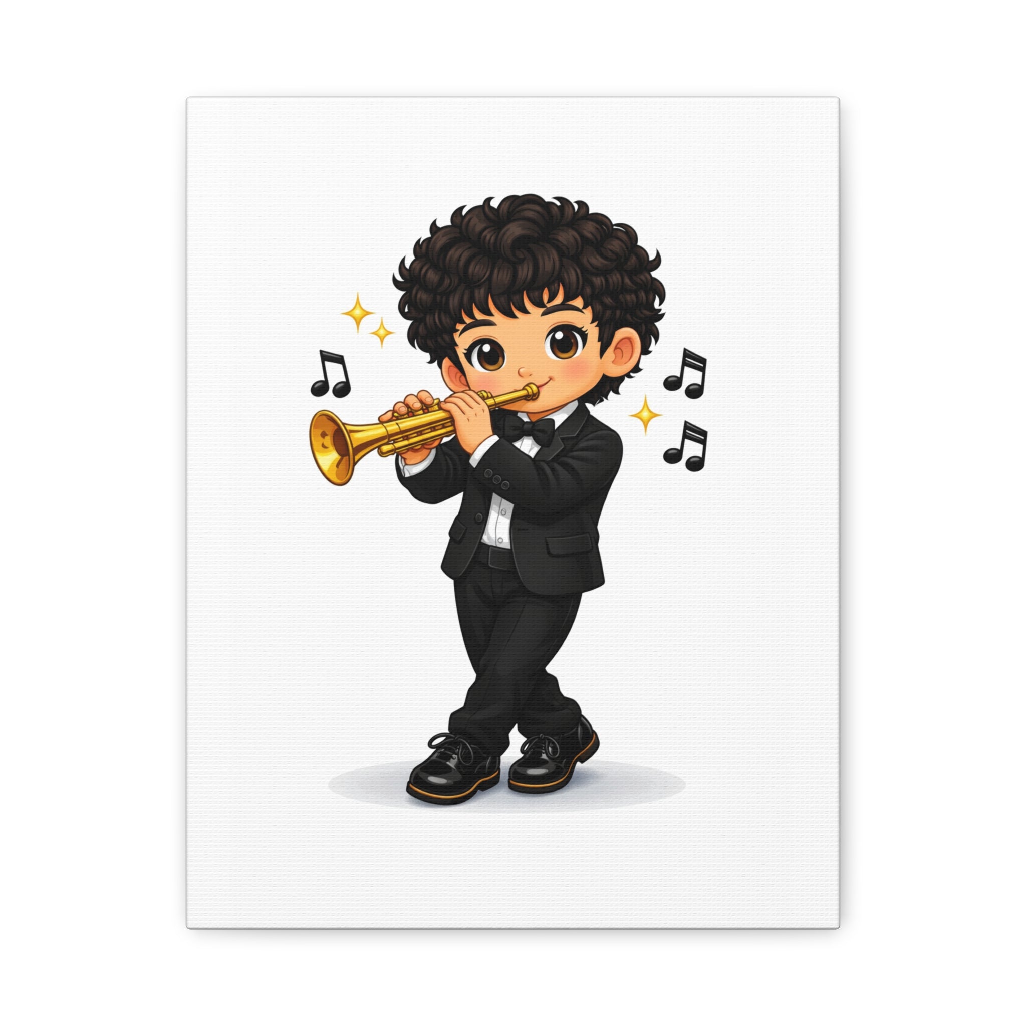 Trumpet Player Canvas Wall Art — Cute Boy Musician Illustration, Matte Stretched 1.25"