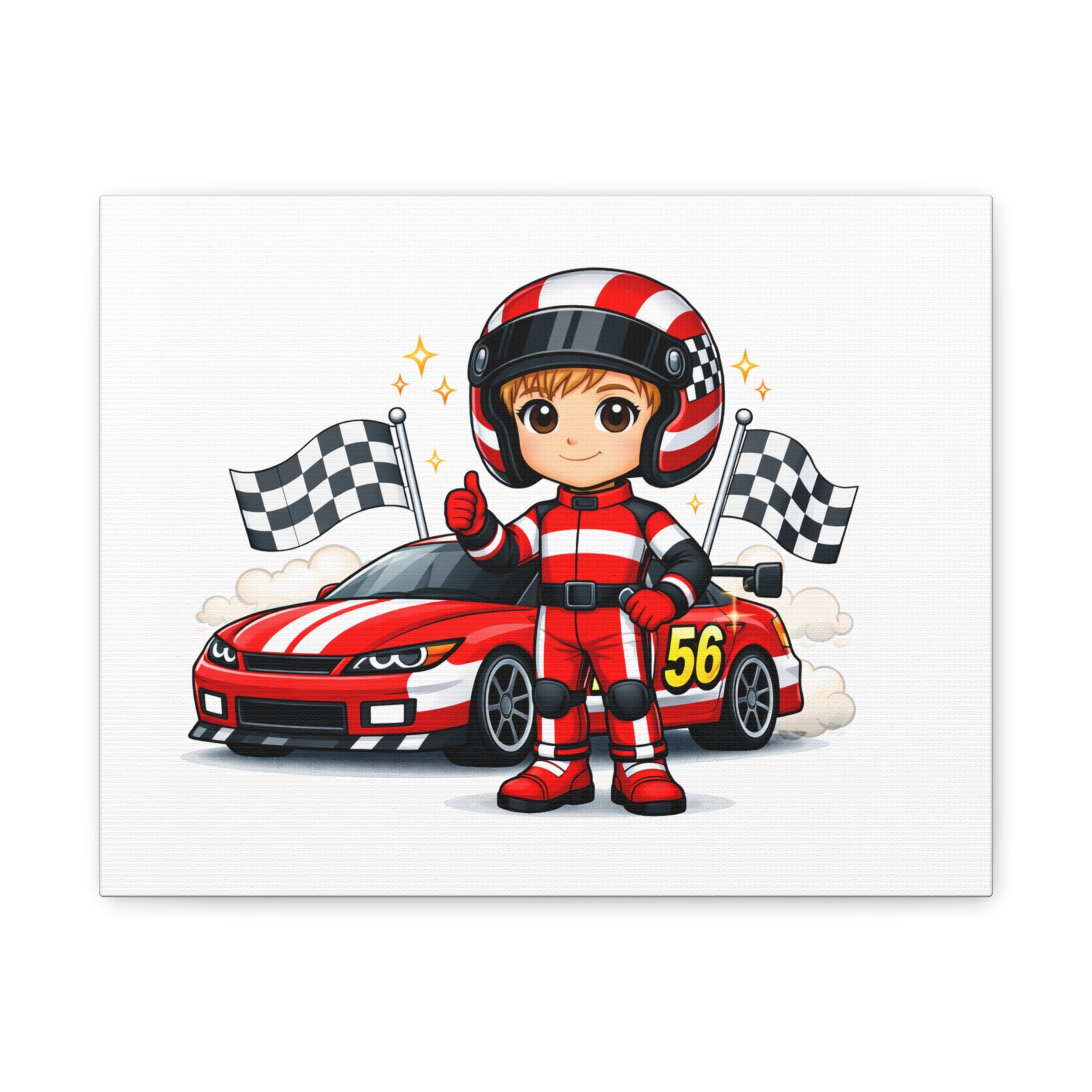 Race Car Driver Canvas Wall Art — Cute Cartoon Racer with Checkered Flags