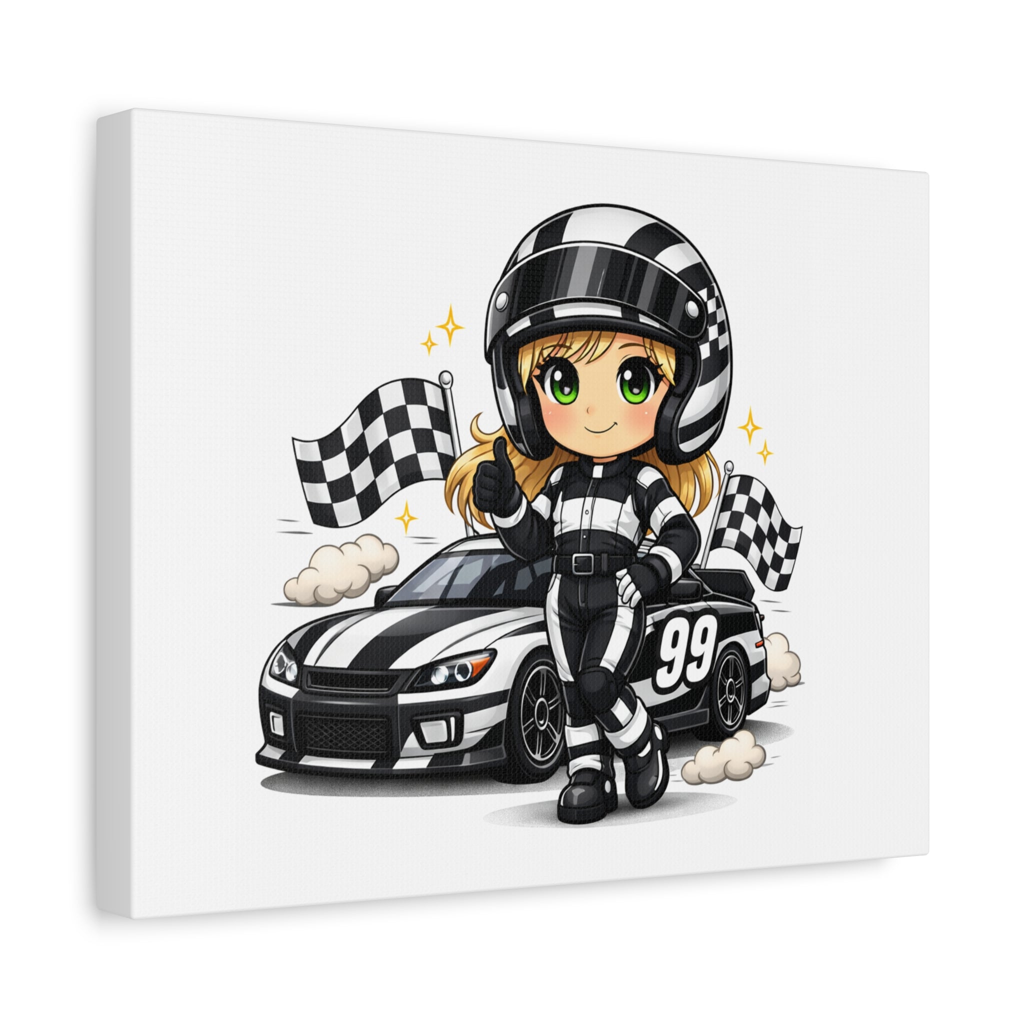 Race Car Driver Girl Canvas Print — Cute Motorsport Wall Art (Checkered Flag, #99)