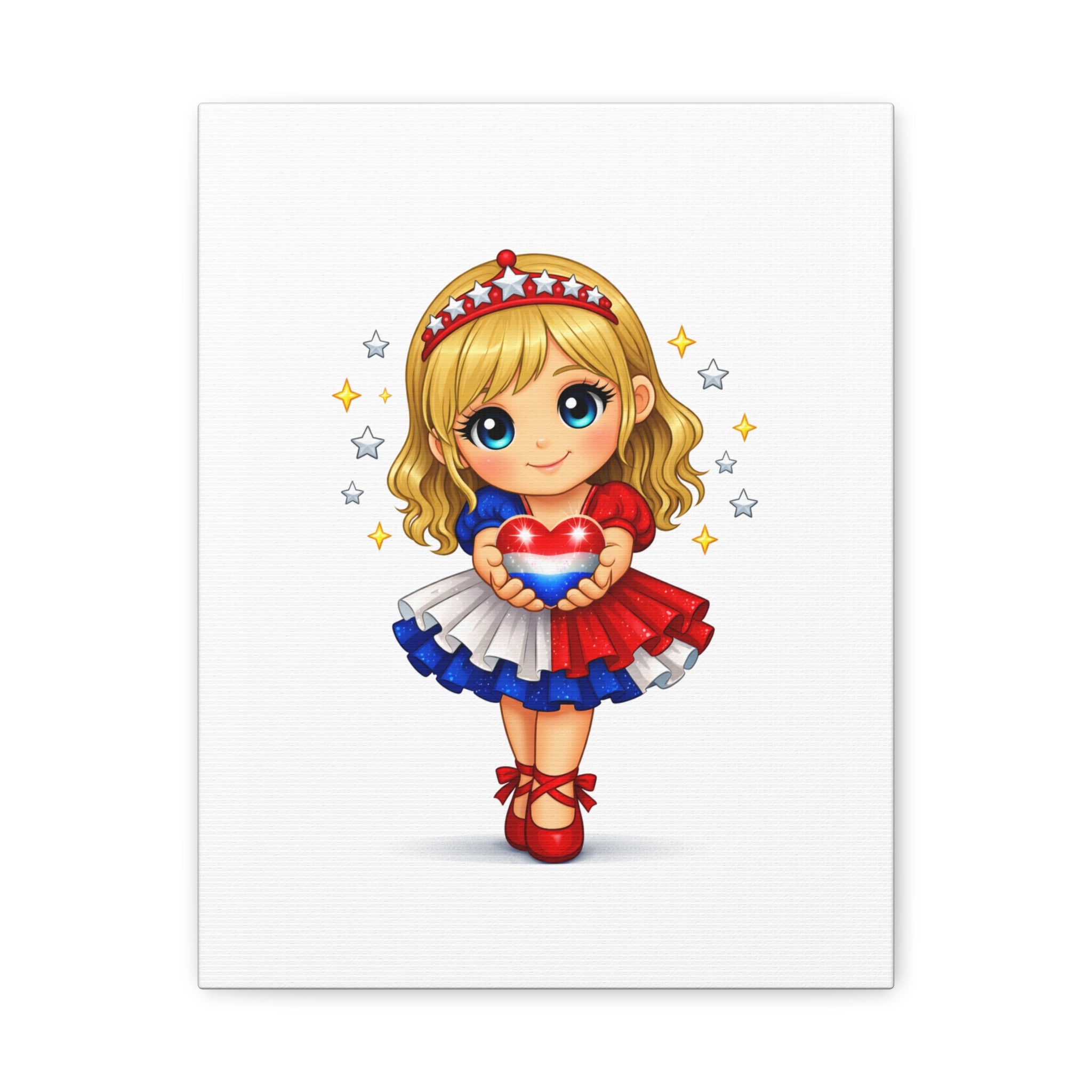 Patriotic Cute Girl Canvas Art — Red White Blue Heart Wall Decor