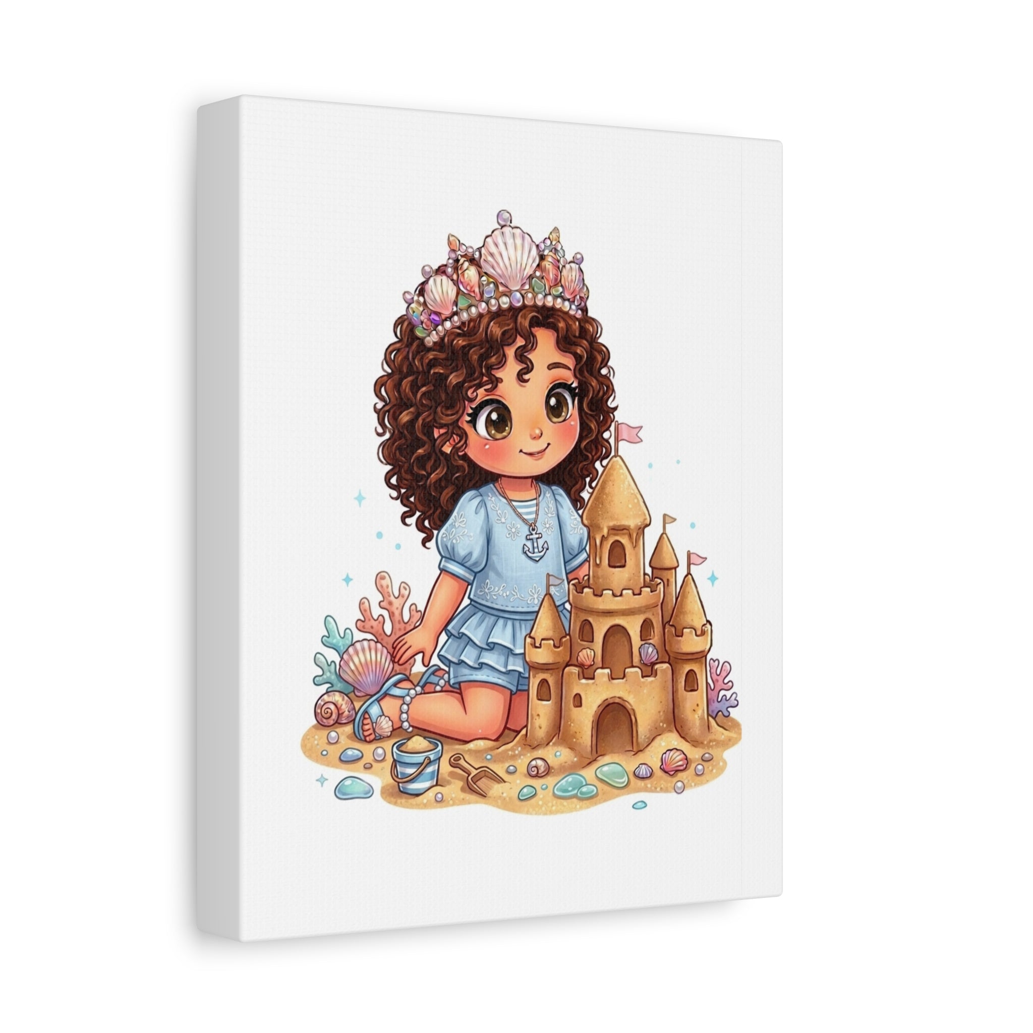 Cute Little Mermaid Princess Beach Canvas — Kid’s Wall Art with Sandcastle