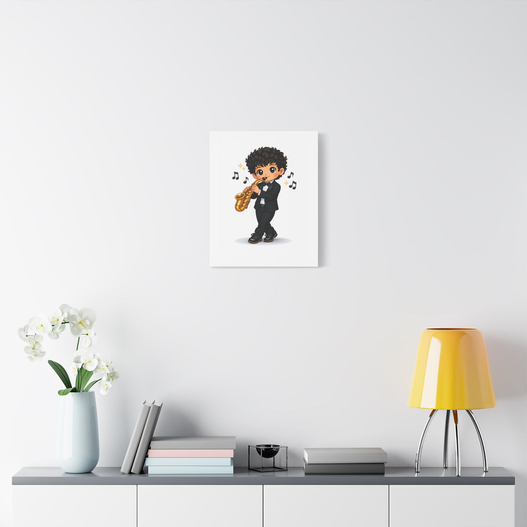 Cute Saxophonist Wall Canvas — Chibi Boy Playing Saxophone Artwork
