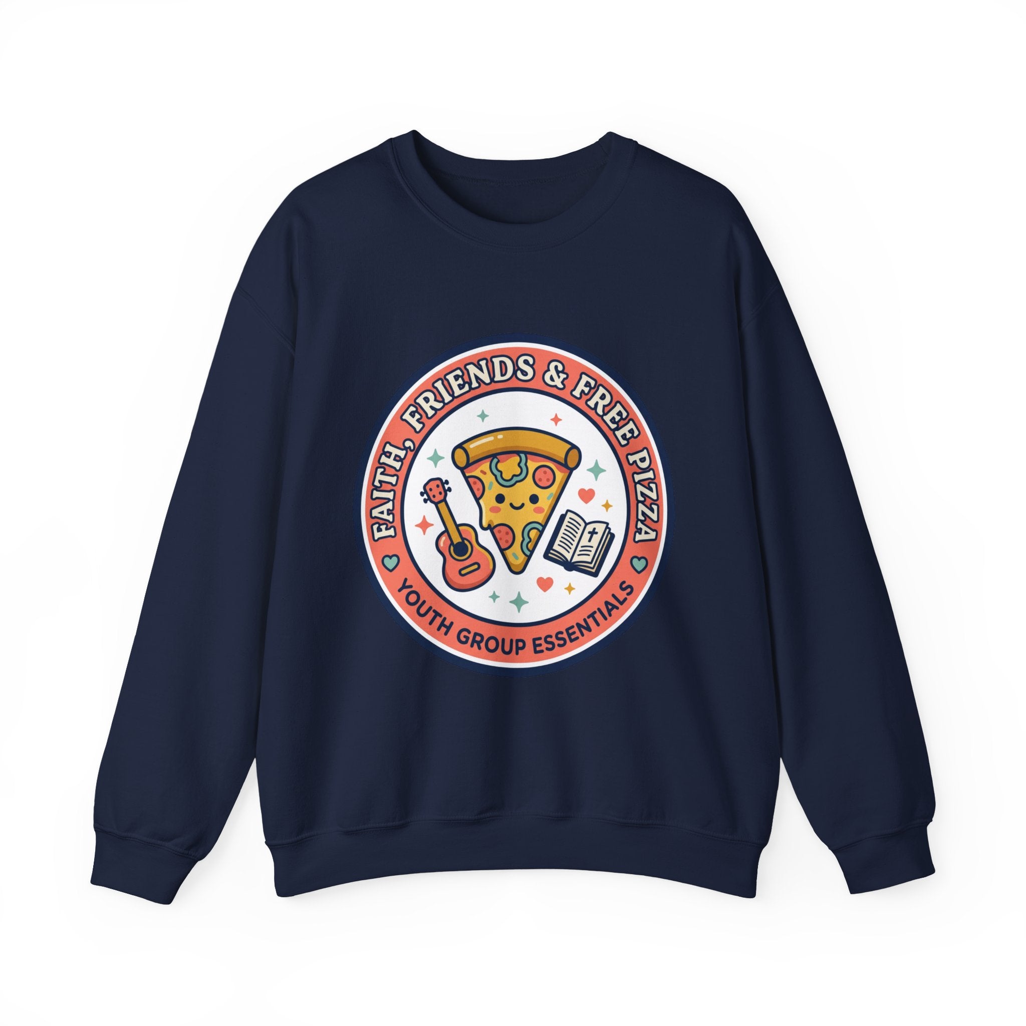 Faith, Friends & Free Pizza Crewneck Sweatshirt | Christian memes, church camp retro