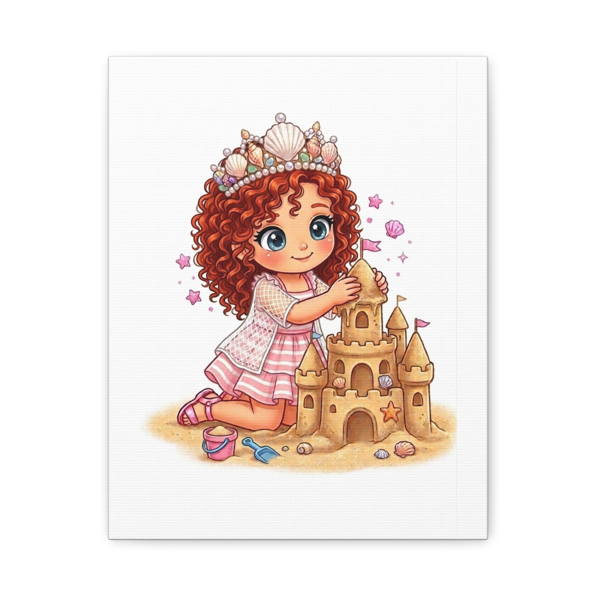 Cute Girl Building Sandcastle Canvas Print — Beach Princess Nursery Wall Art