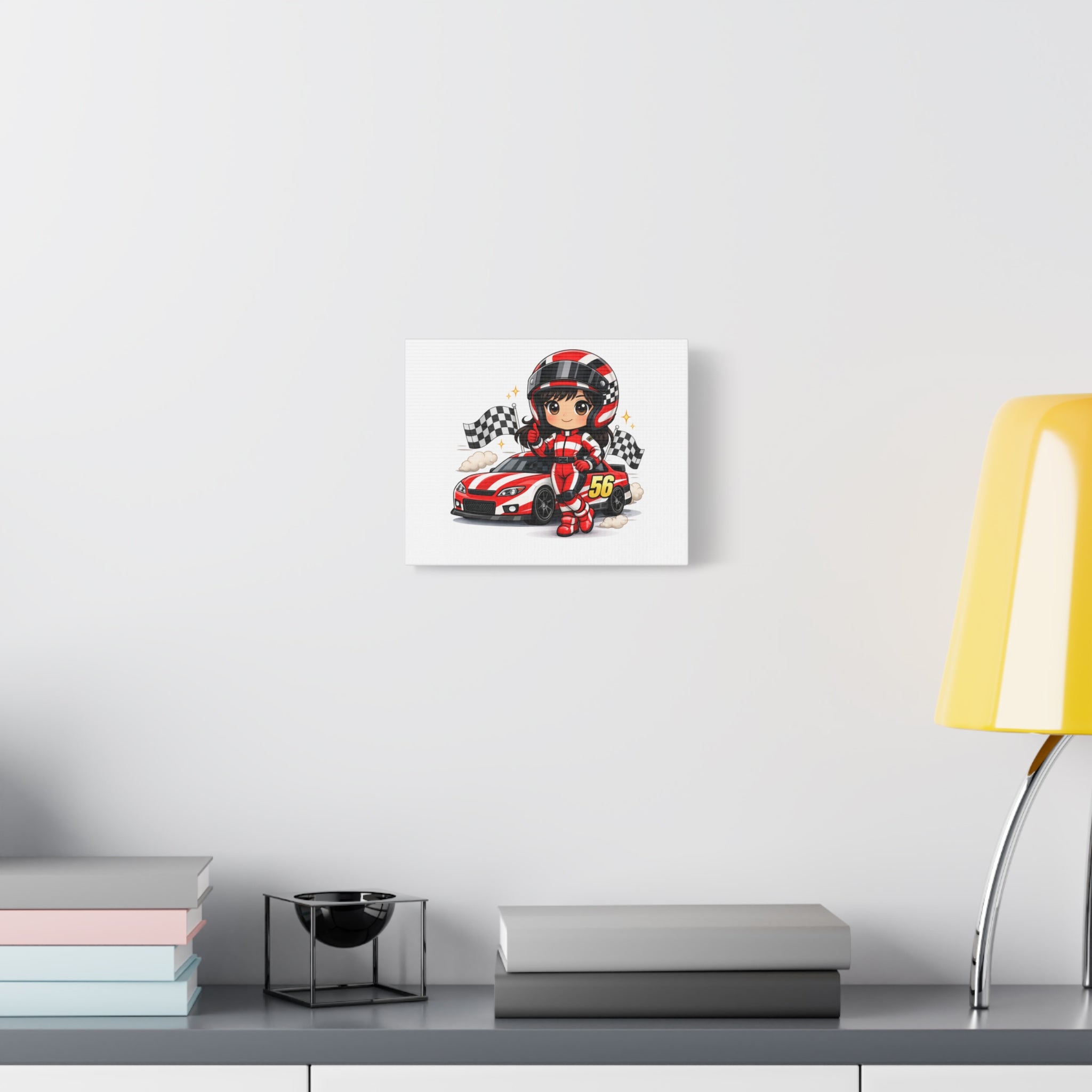 Racing Girl Canvas Print — Cute Red Race Car Driver Art (Number 56)