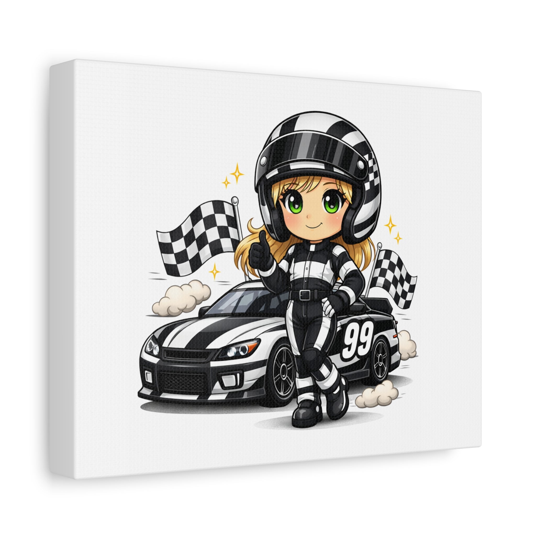 Race Car Driver Girl Canvas Print — Cute Motorsport Wall Art (Checkered Flag, #99)
