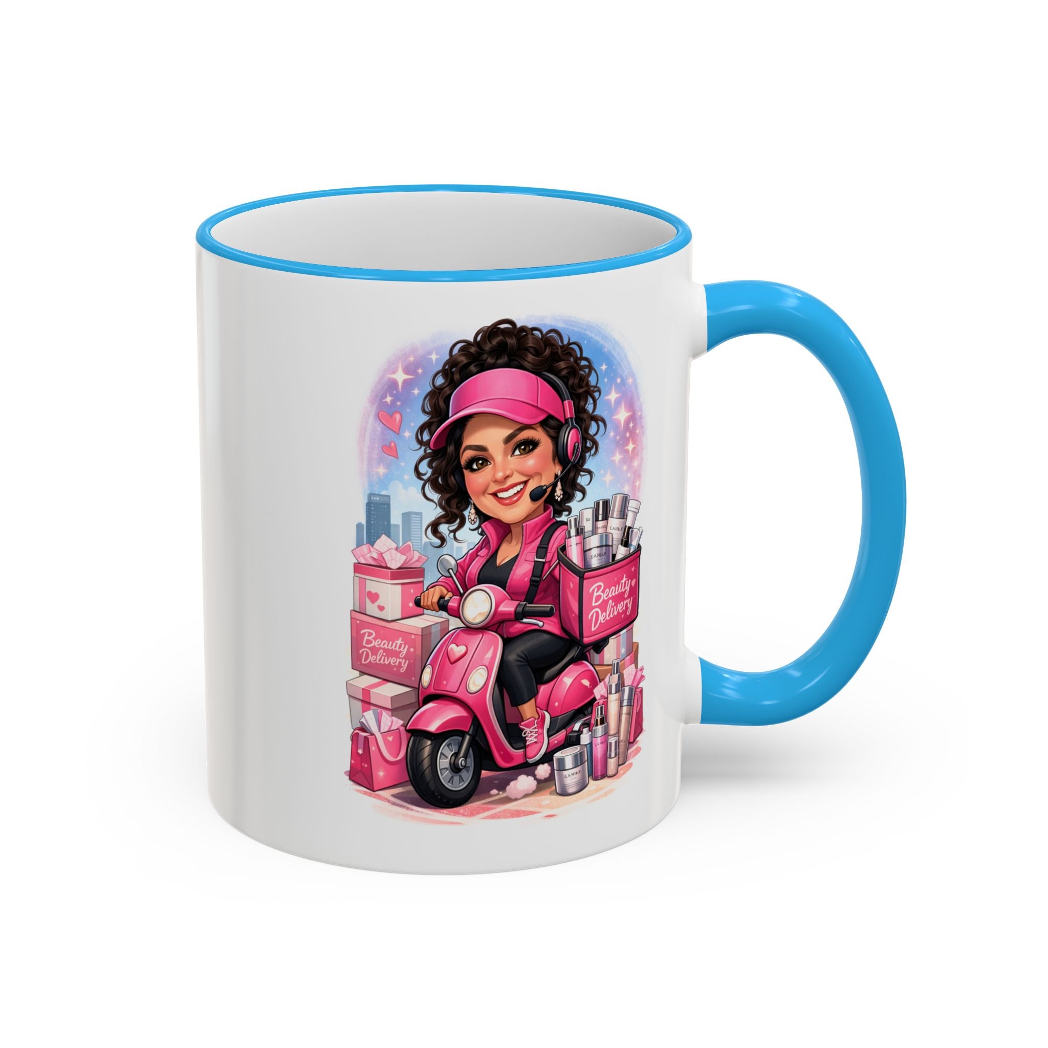 Coffee Mug — Cute Pink Makeup Girl Illustration Accent Rim & Handle