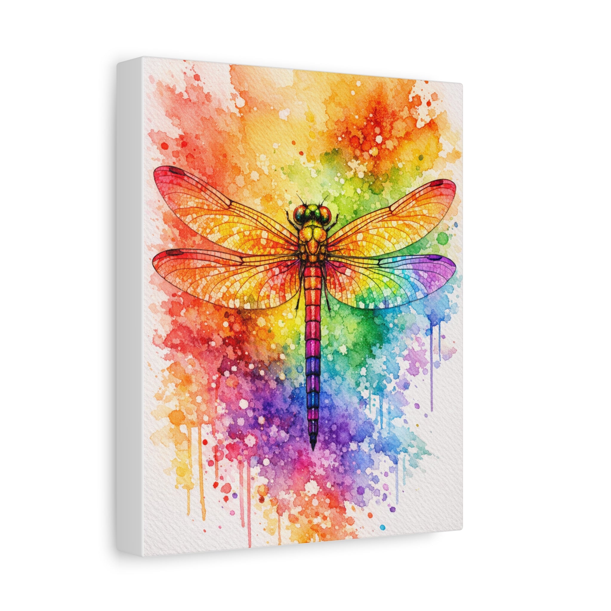 Rainbow Watercolor Dragonfly Canvas Art – Vibrant Stretched Matte Wall Decor