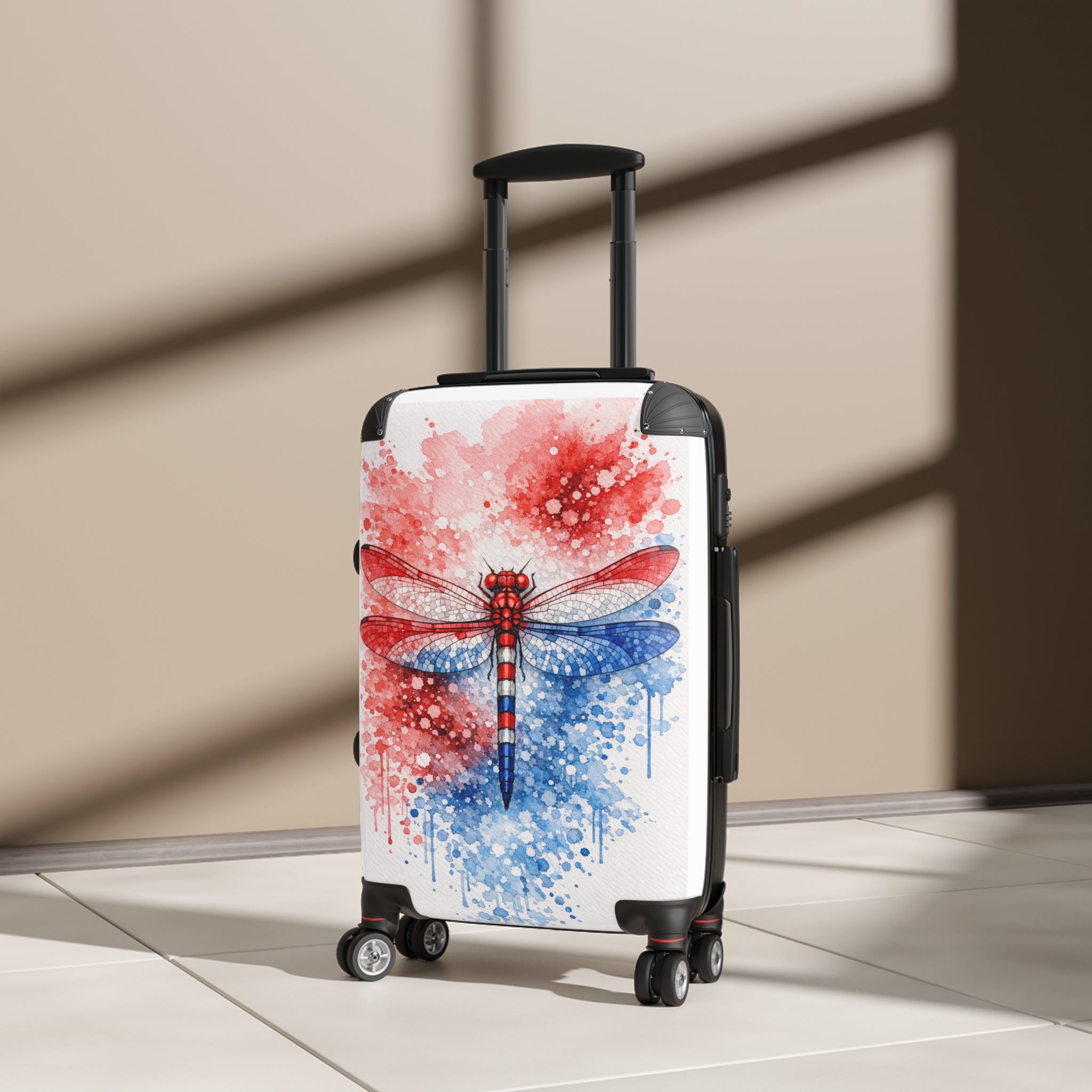 Patriotic Watercolor Dragonfly Carry-On Suitcase — Red White Blue Travel Luggage