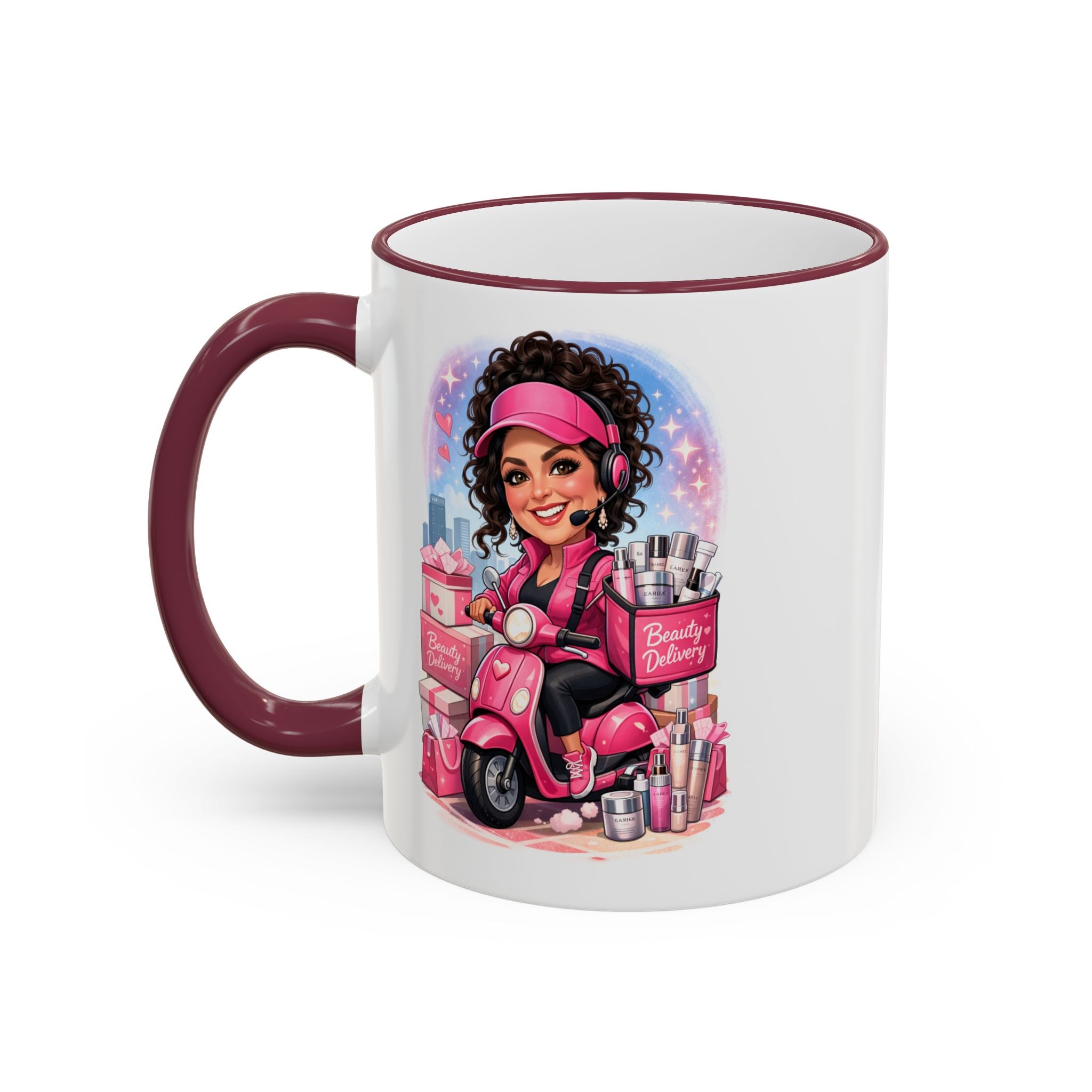 Coffee Mug — Cute Pink Makeup Girl Illustration Accent Rim & Handle