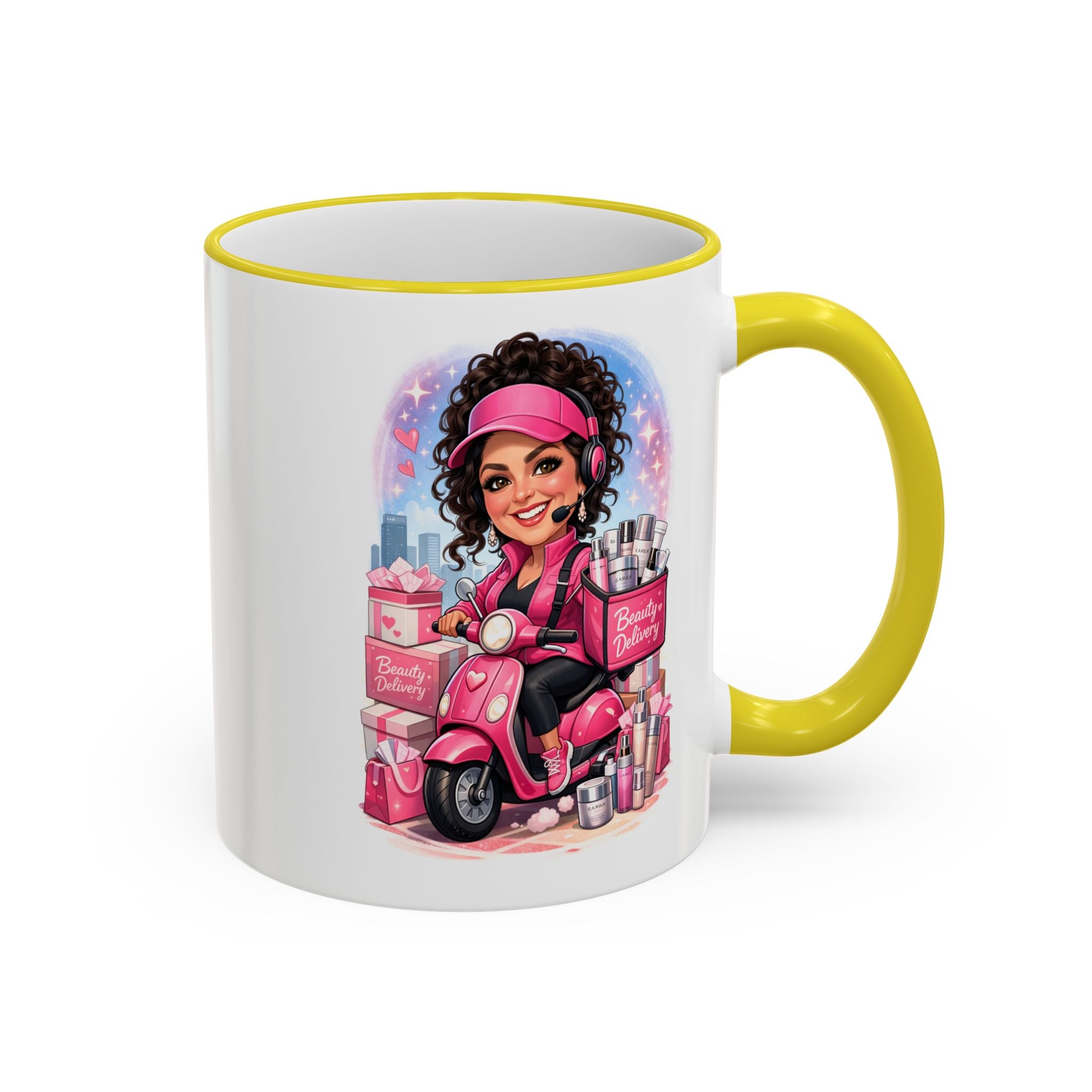 Coffee Mug — Cute Pink Makeup Girl Illustration Accent Rim & Handle