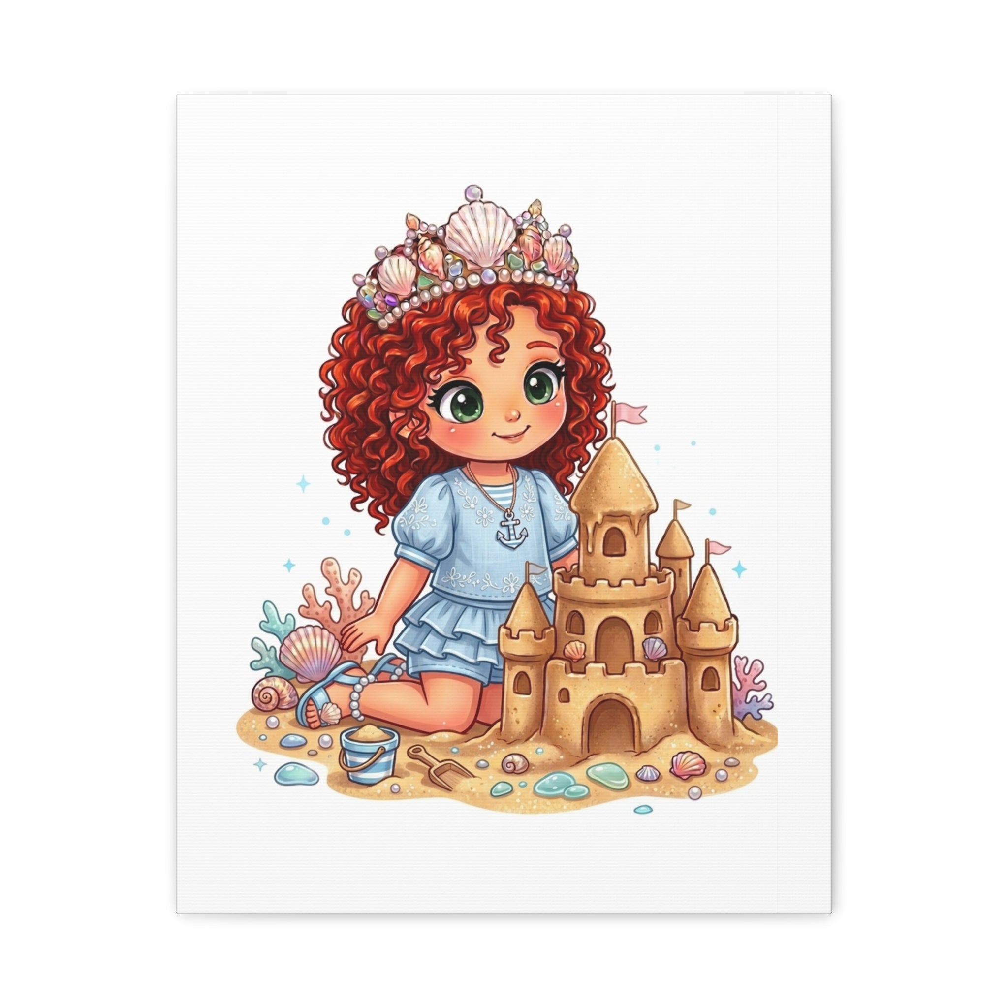 Kids' Canvas Art — Red Curly Mermaid Princess with Sandcastle Matte Stretched Canvas
