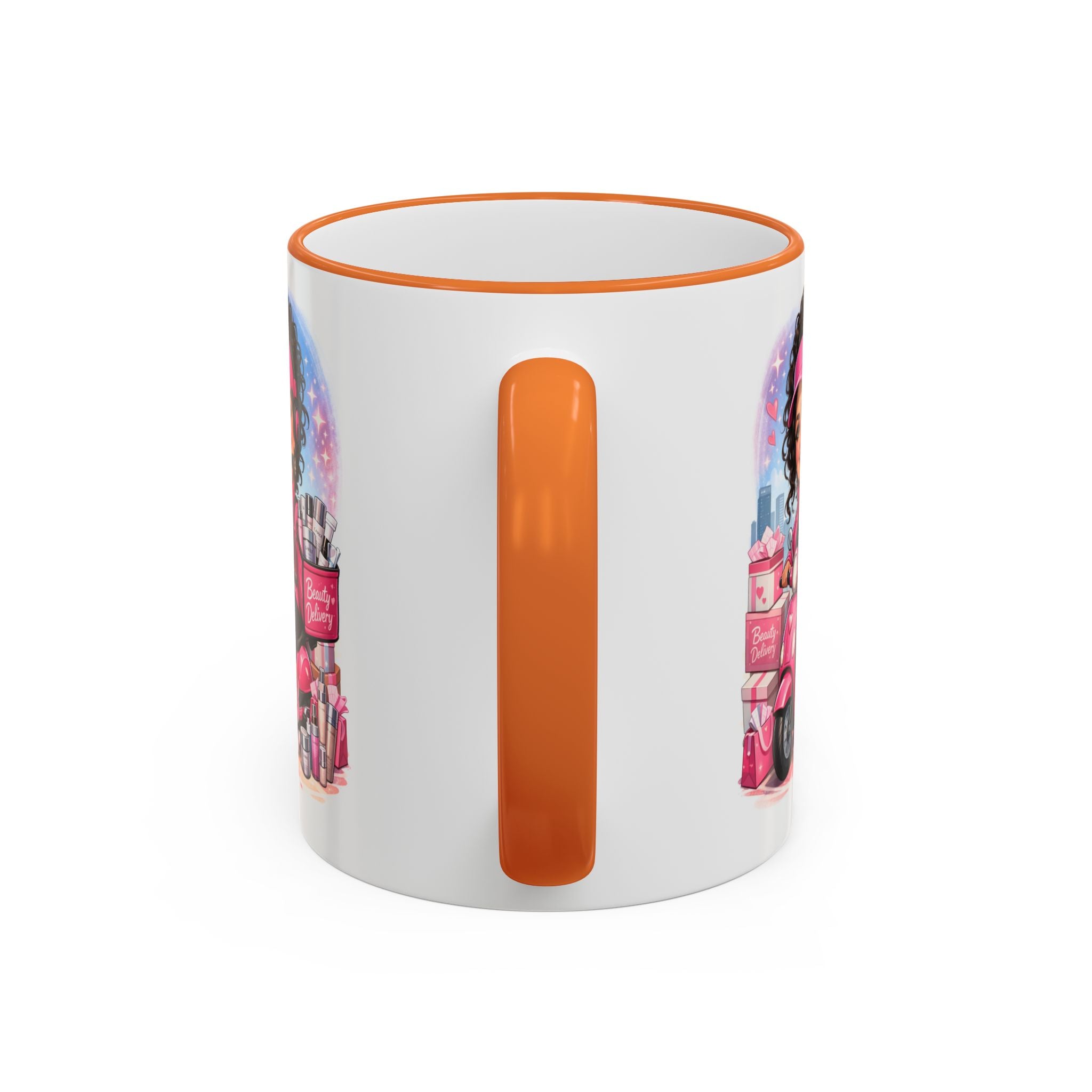 Coffee Mug — Cute Pink Makeup Girl Illustration Accent Rim & Handle