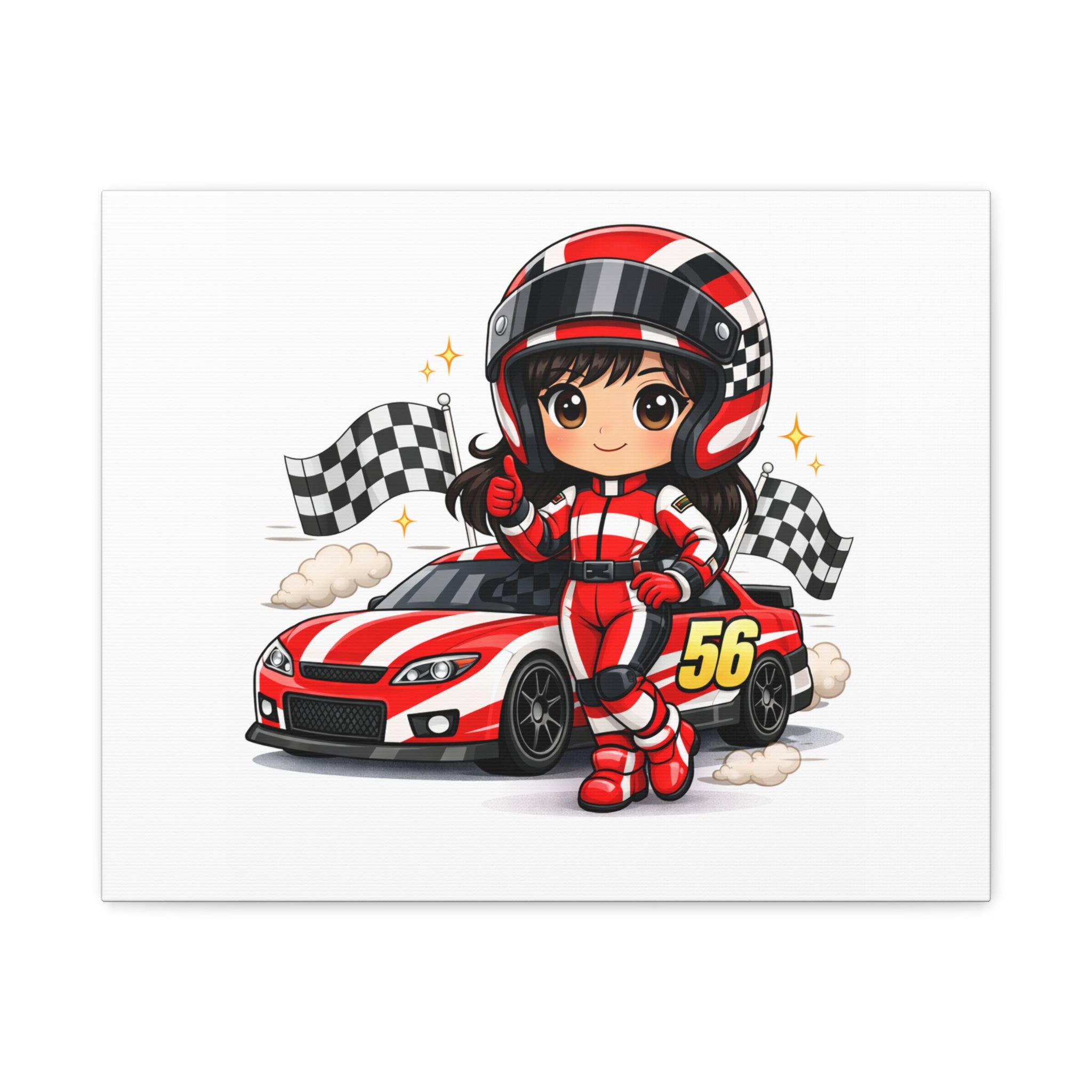 Racing Girl Canvas Print — Cute Red Race Car Driver Art (Number 56)