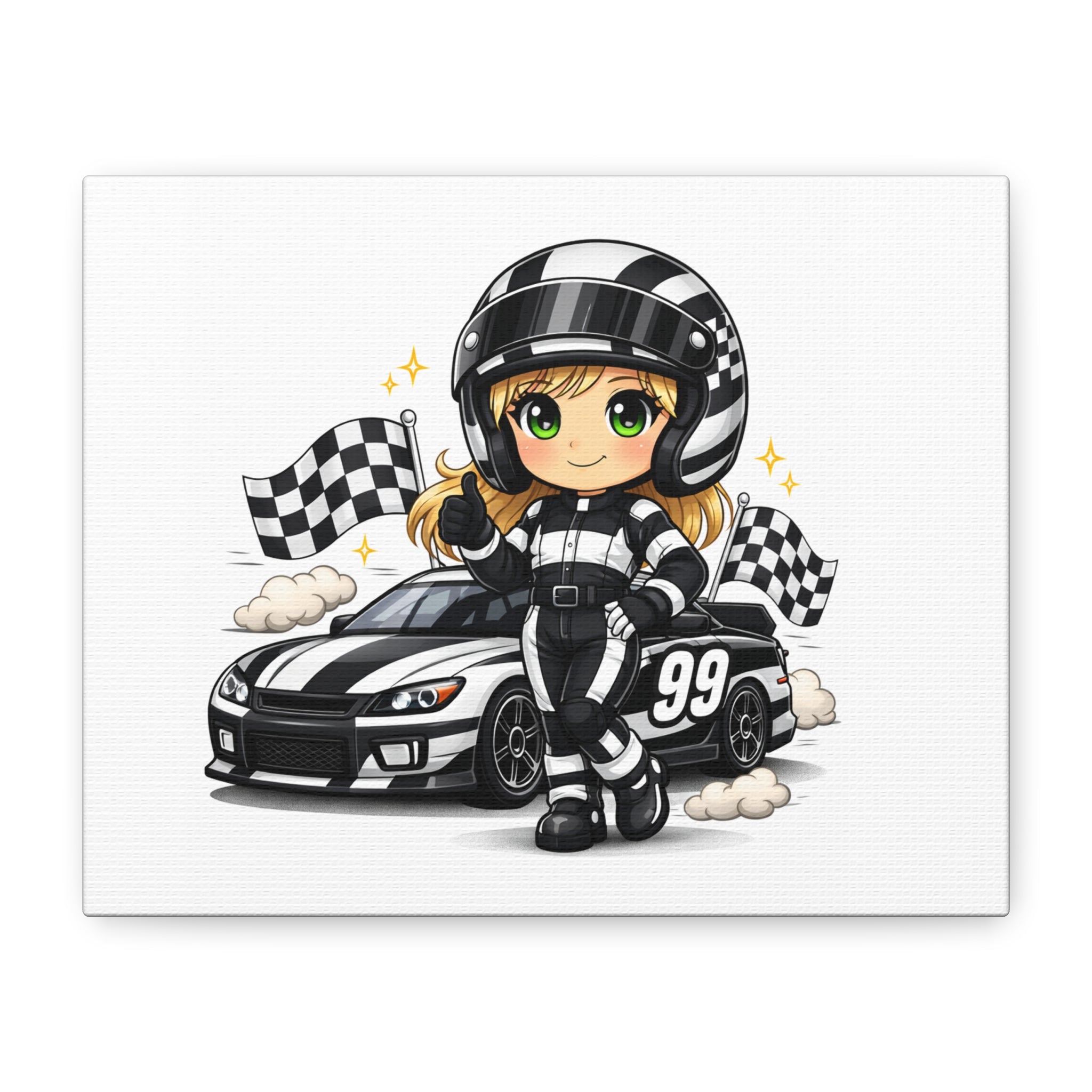 Race Car Driver Girl Canvas Print — Cute Motorsport Wall Art (Checkered Flag, #99)
