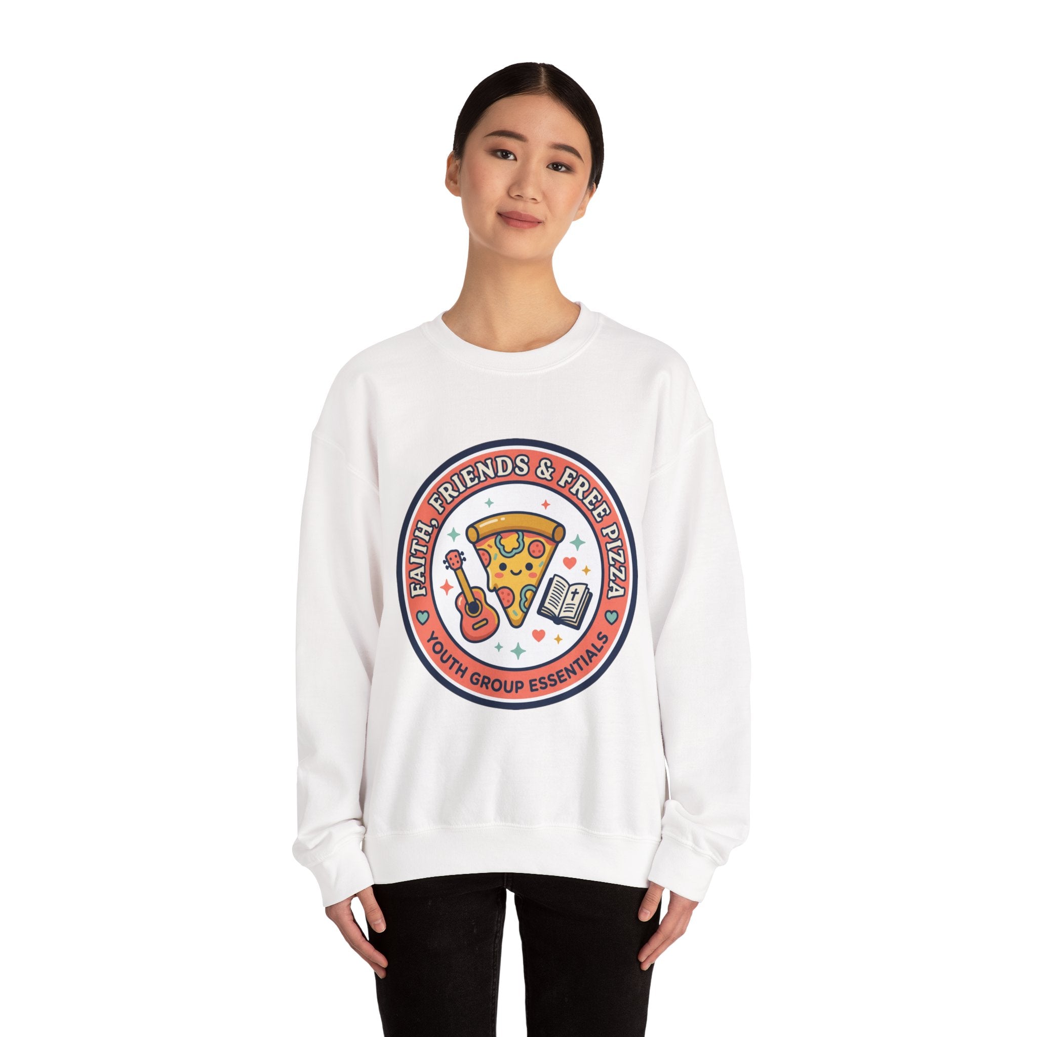 Faith, Friends & Free Pizza Crewneck Sweatshirt | Christian memes, church camp retro