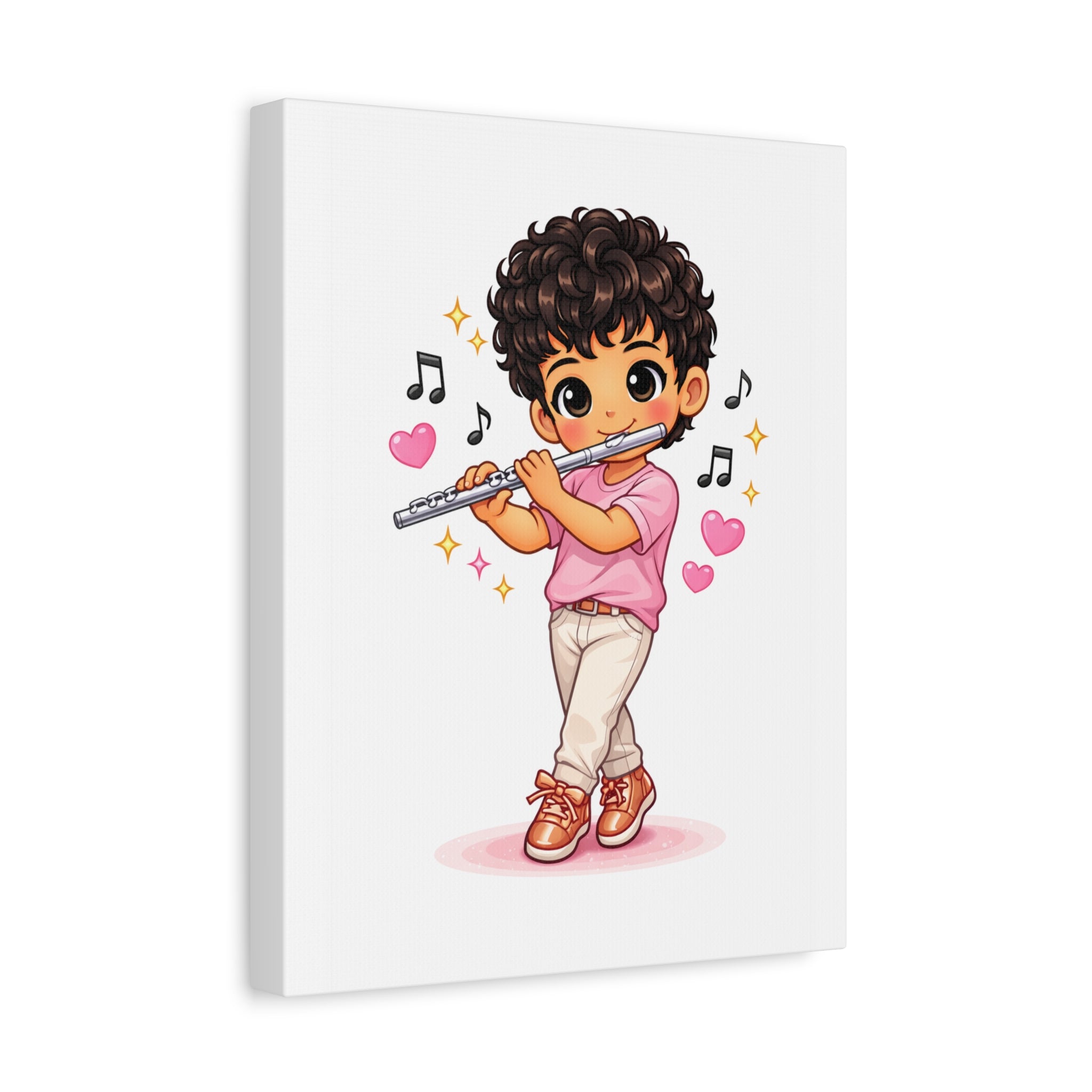 Cute Boy Playing Flute Matte Canvas Wall Art — Chibi Musician Decor
