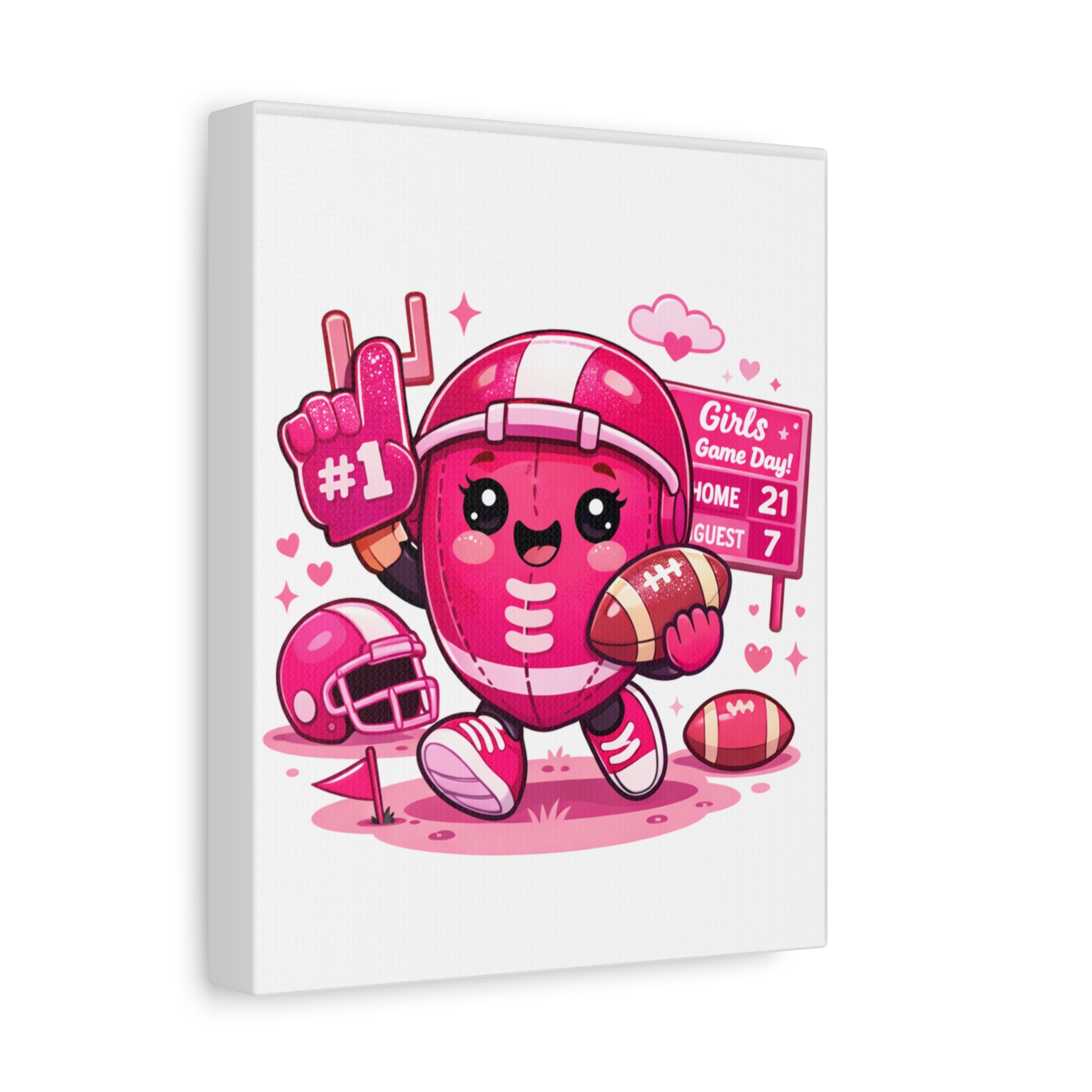 Cute Pink Football Girl Canvas Wall Art — 'Girls Game Day' Stretched Matte Print
