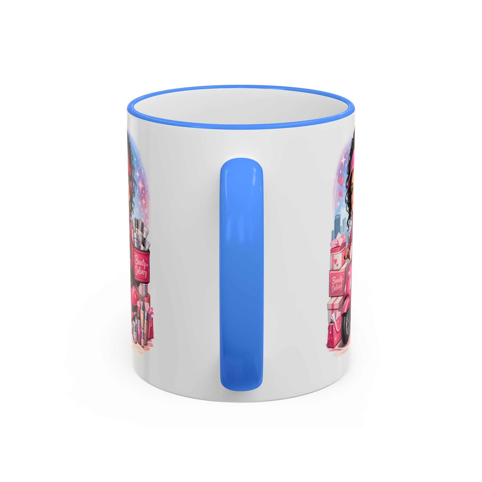 Coffee Mug — Cute Pink Makeup Girl Illustration Accent Rim & Handle