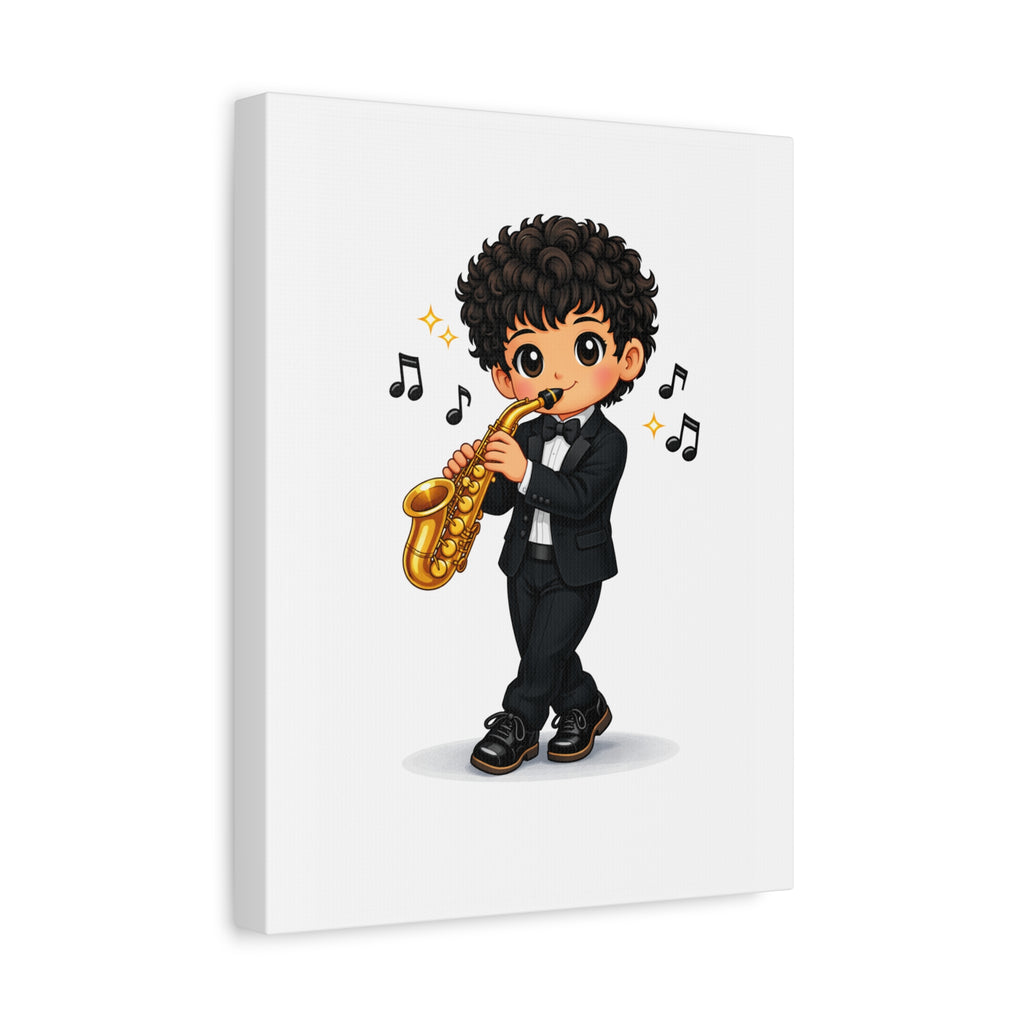Cute Saxophonist Wall Canvas — Chibi Boy Playing Saxophone Artwork