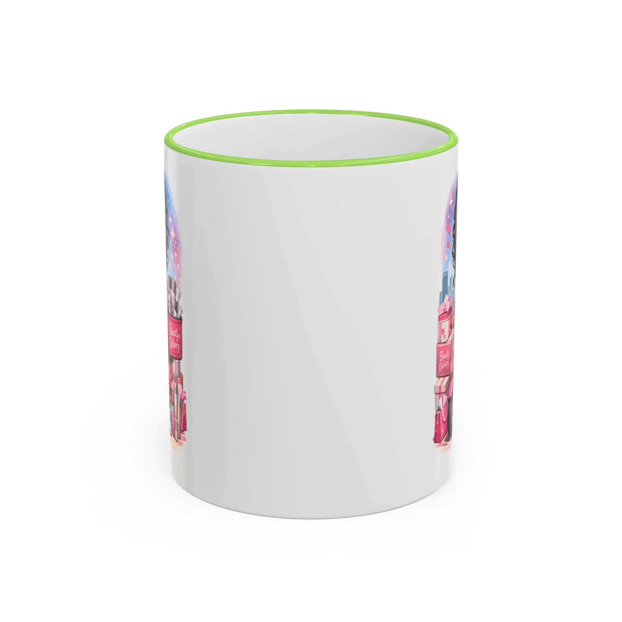 Coffee Mug — Cute Pink Makeup Girl Illustration Accent Rim & Handle