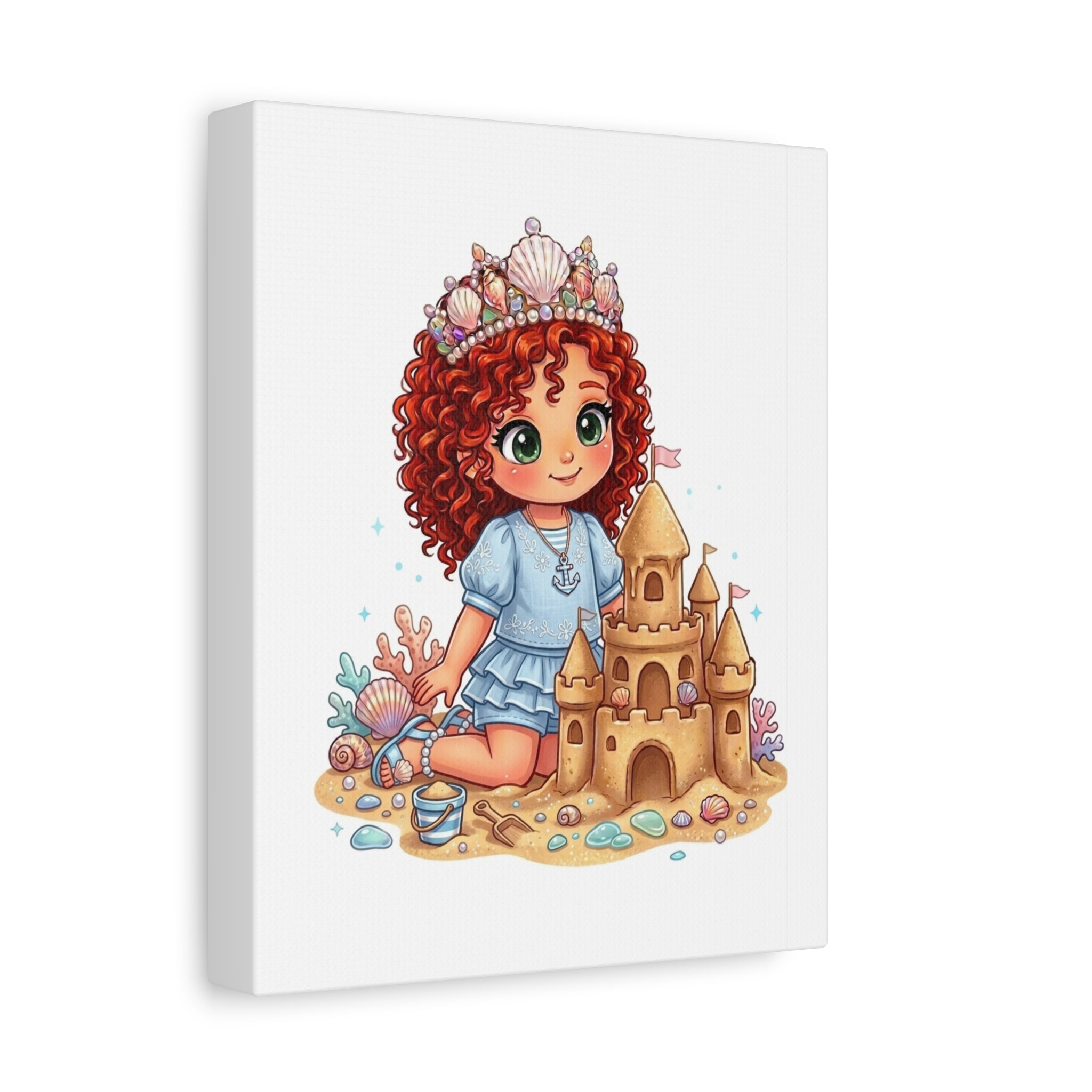 Kids' Canvas Art — Red Curly Mermaid Princess with Sandcastle Matte Stretched Canvas