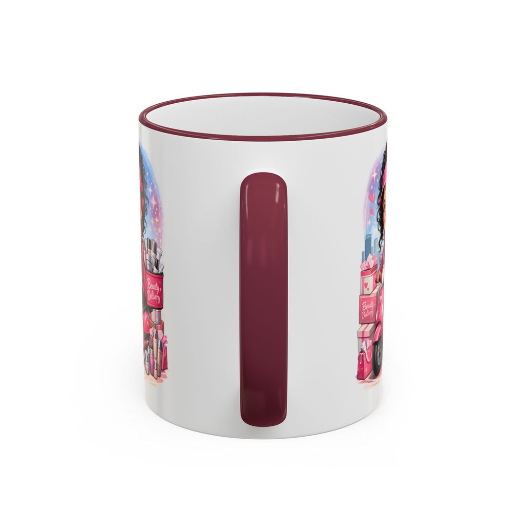 Coffee Mug — Cute Pink Makeup Girl Illustration Accent Rim & Handle