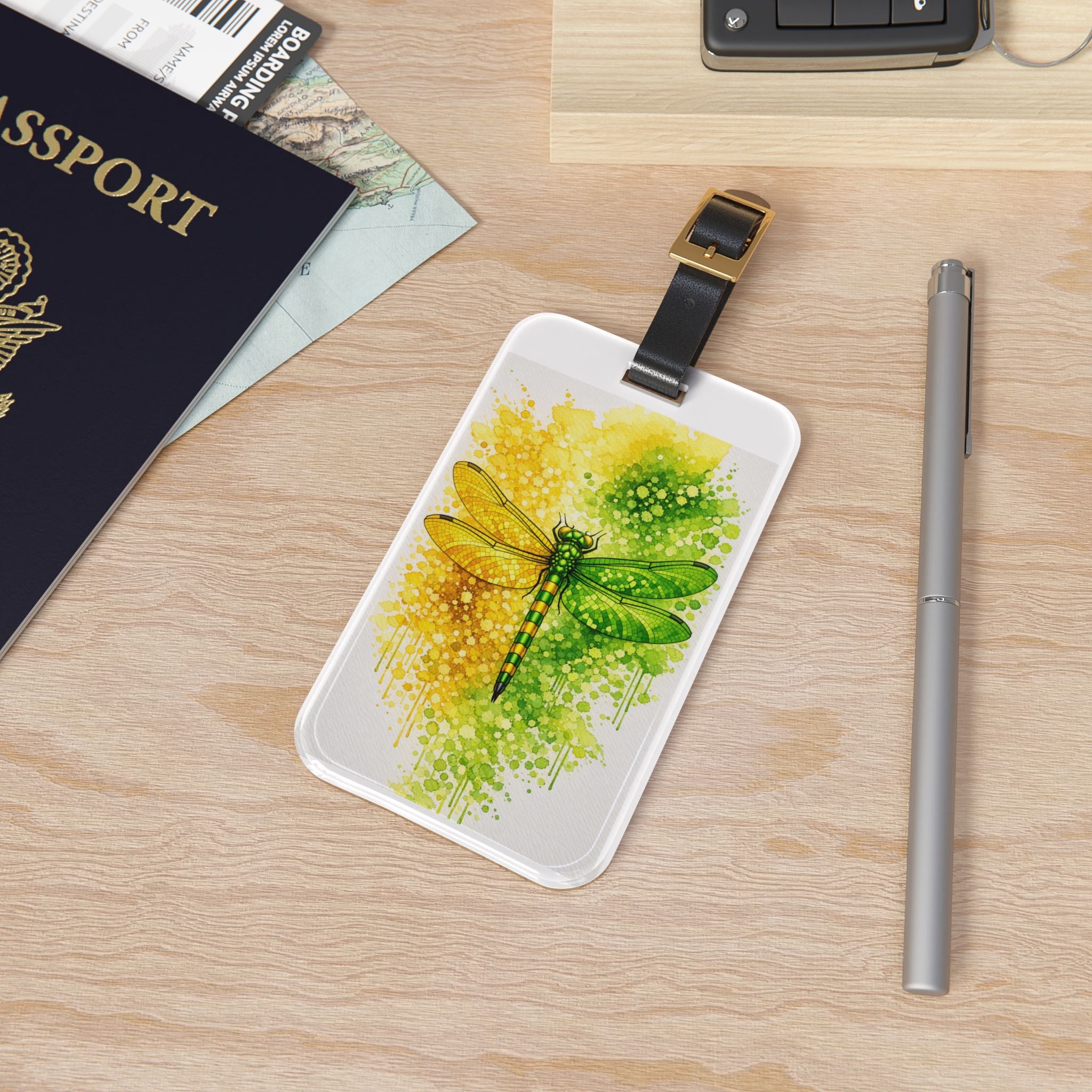 Green Dragonfly Luggage Tag — Watercolor Splash Travel ID