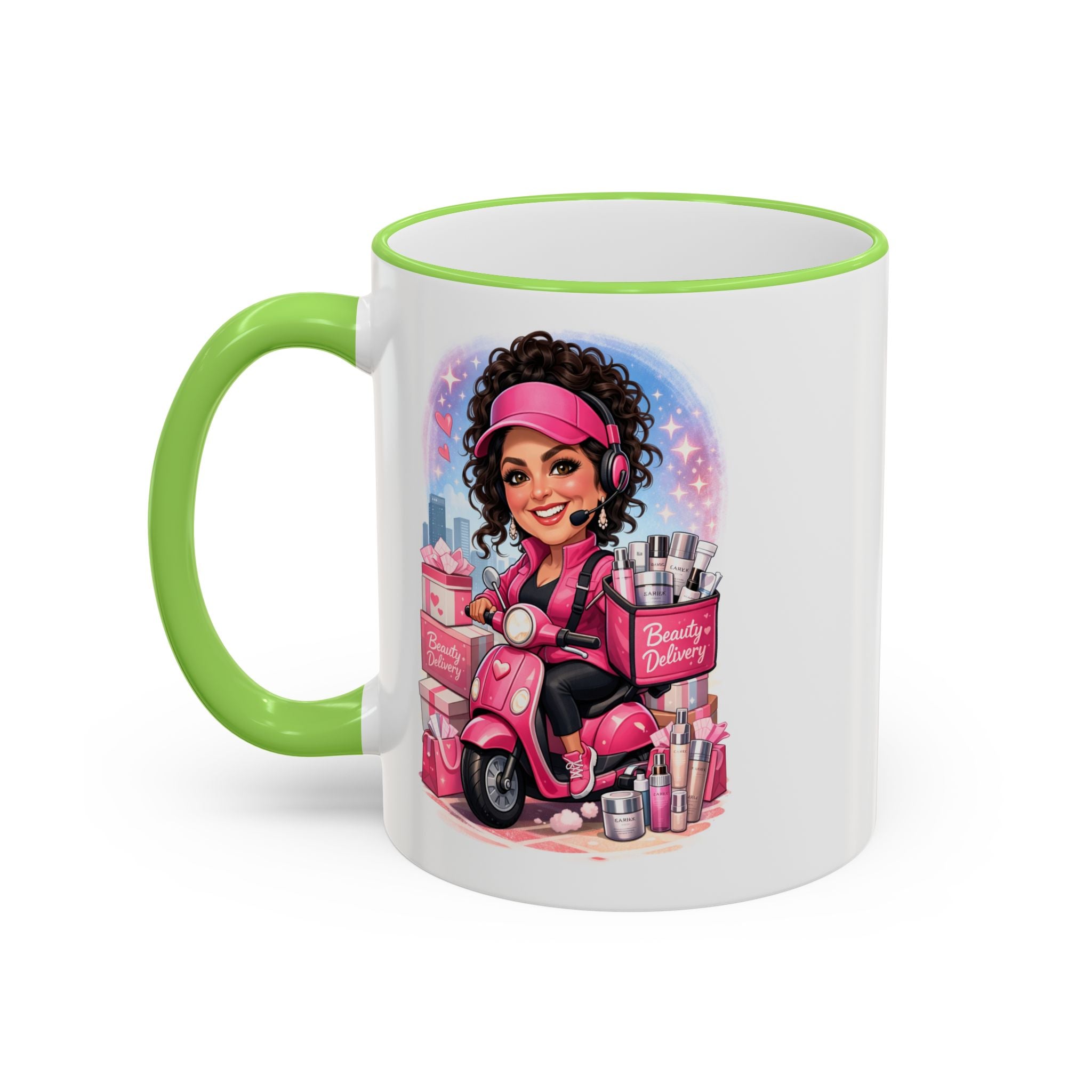 Coffee Mug — Cute Pink Makeup Girl Illustration Accent Rim & Handle