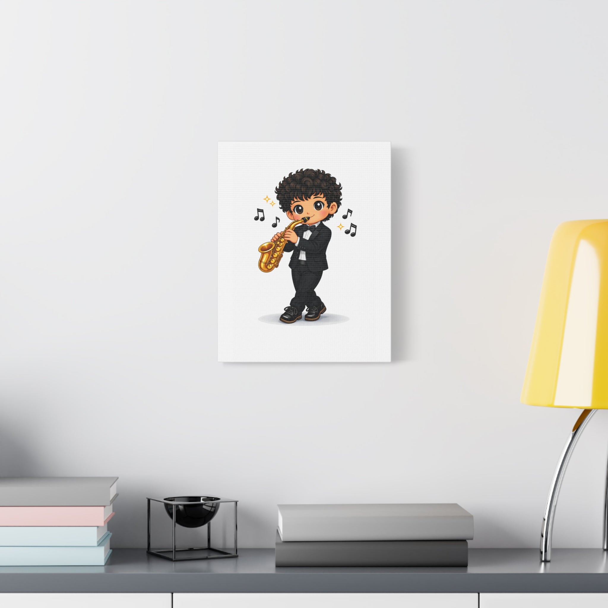 Cute Saxophonist Wall Canvas — Chibi Boy Playing Saxophone Artwork