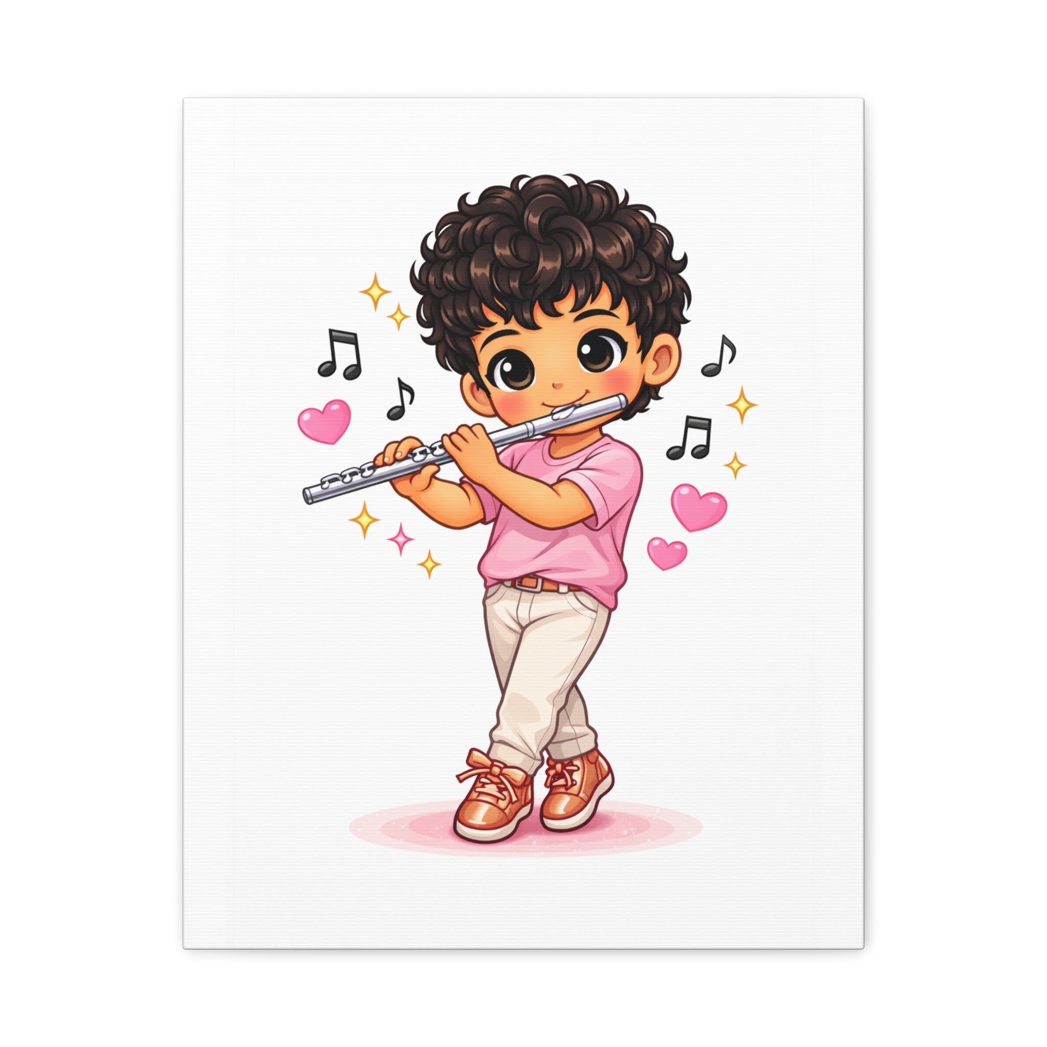 Cute Boy Playing Flute Matte Canvas Wall Art — Chibi Musician Decor