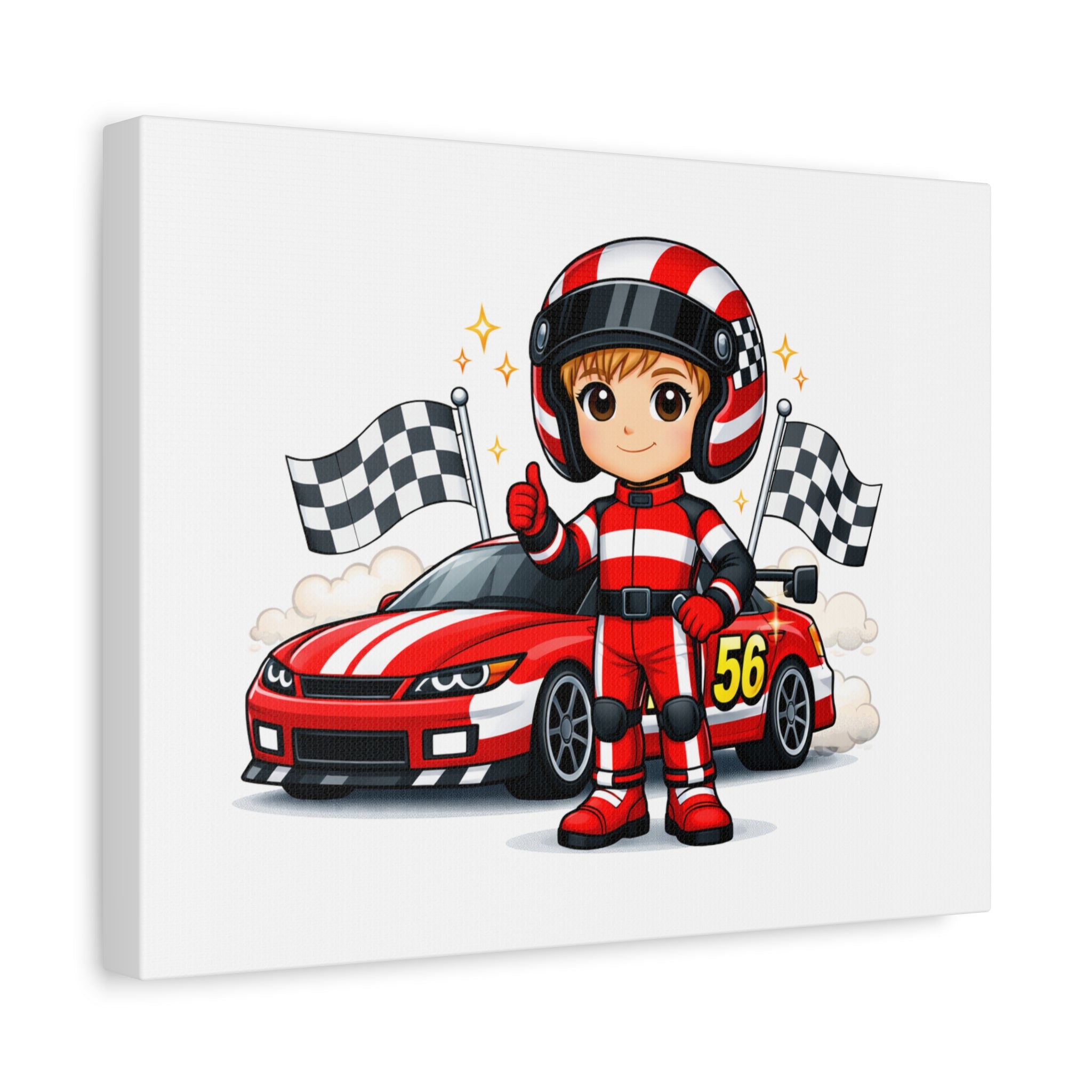 Race Car Driver Canvas Wall Art — Cute Cartoon Racer with Checkered Flags