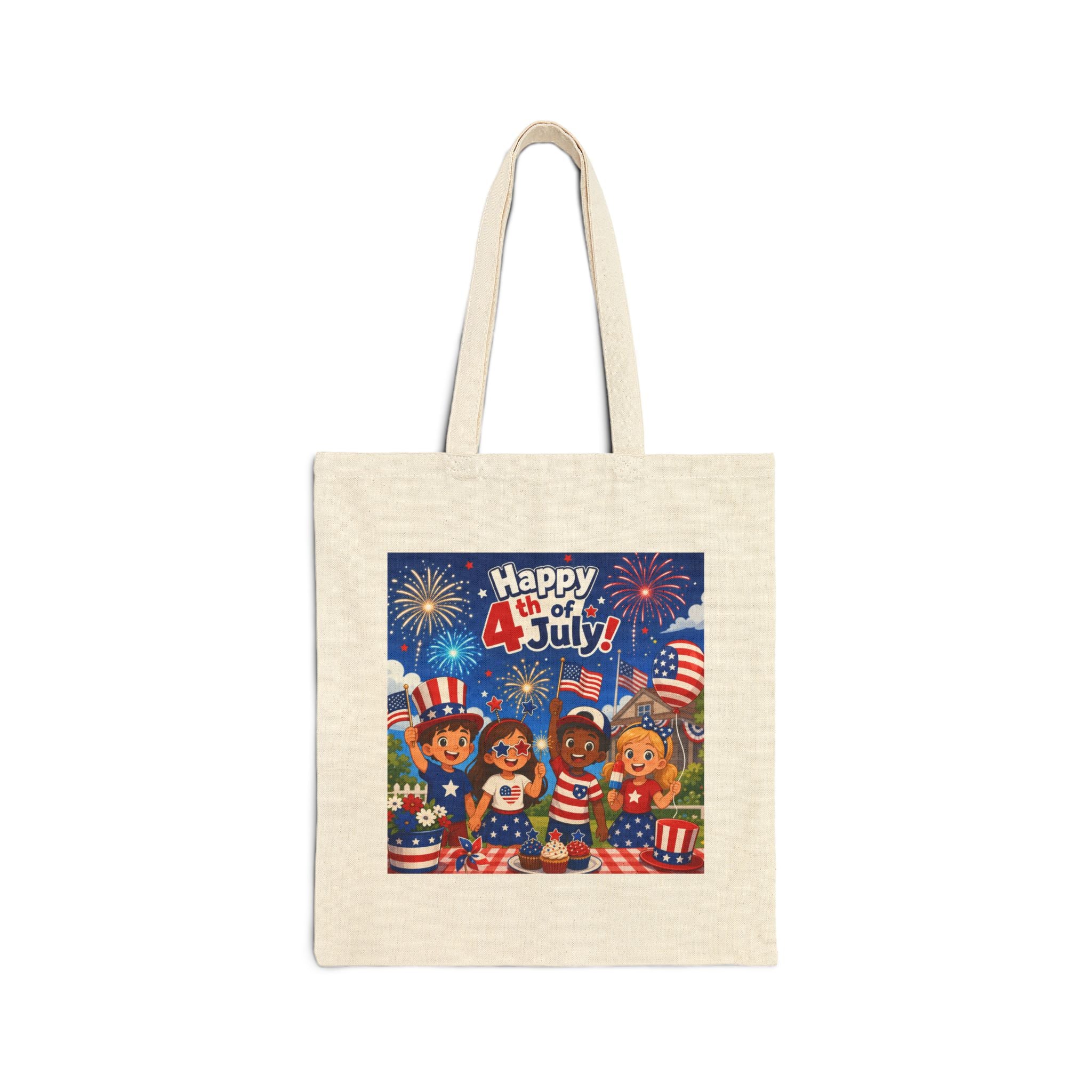 Happy 4th of July Cotton Tote Bag - Patriotic Kids Fireworks Design