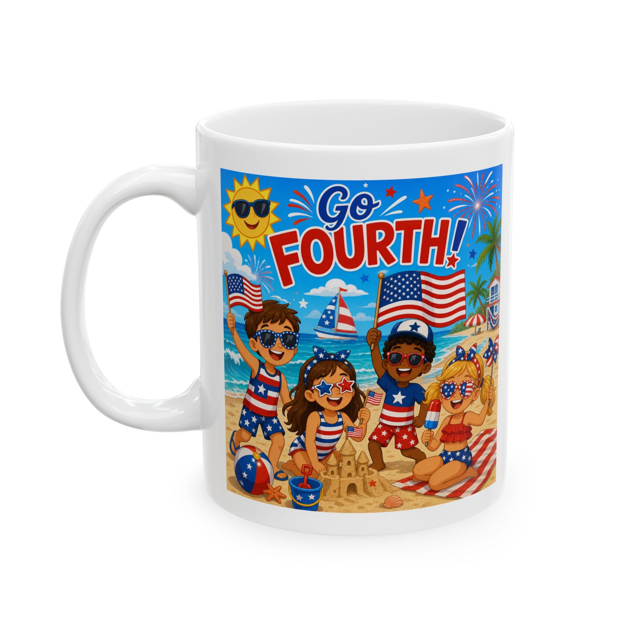 Fourth of July Patriotic Beach Mug — USA Flag Summer Coffee Cup (11oz, 15oz)