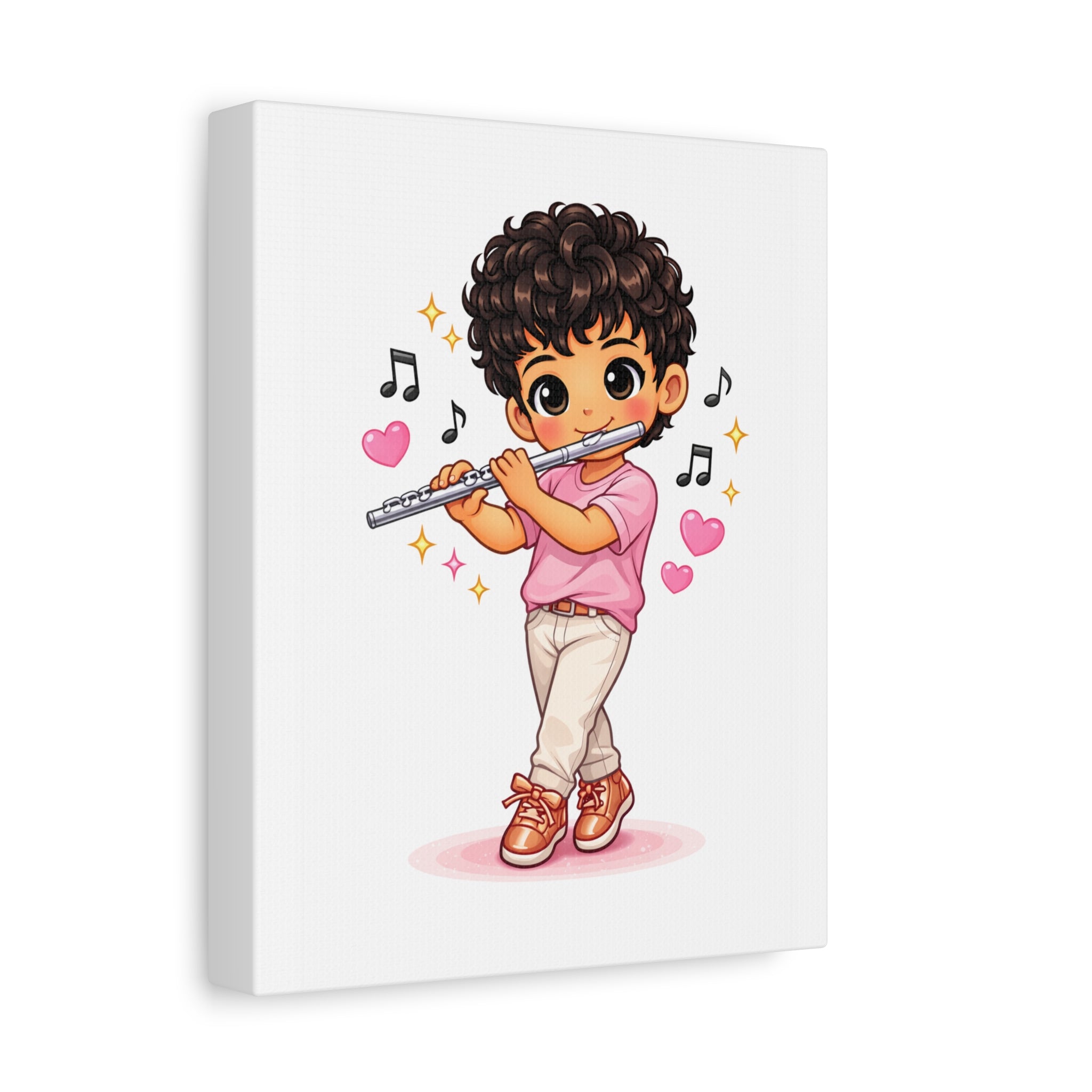 Cute Boy Playing Flute Matte Canvas Wall Art — Chibi Musician Decor