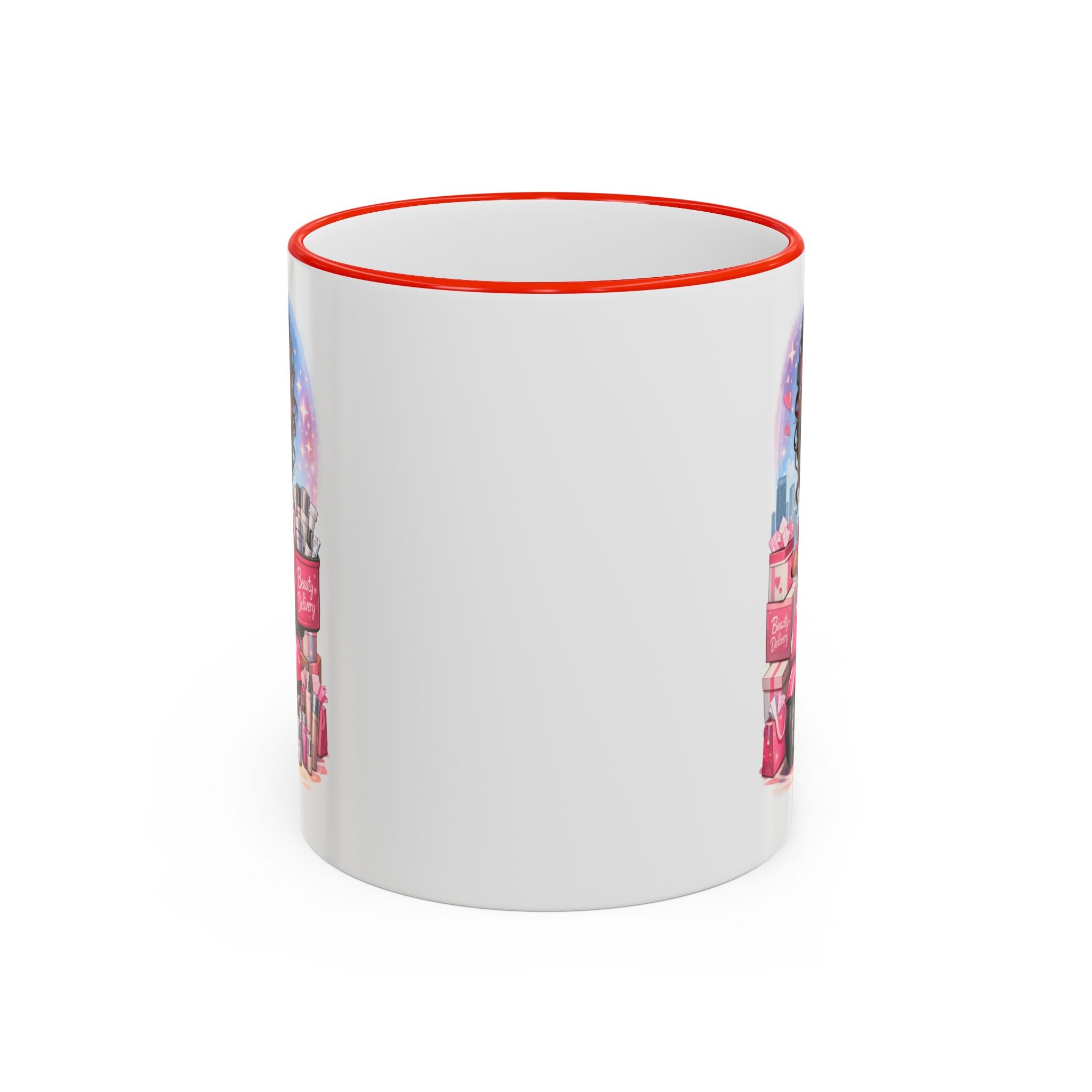 Coffee Mug — Cute Pink Makeup Girl Illustration Accent Rim & Handle