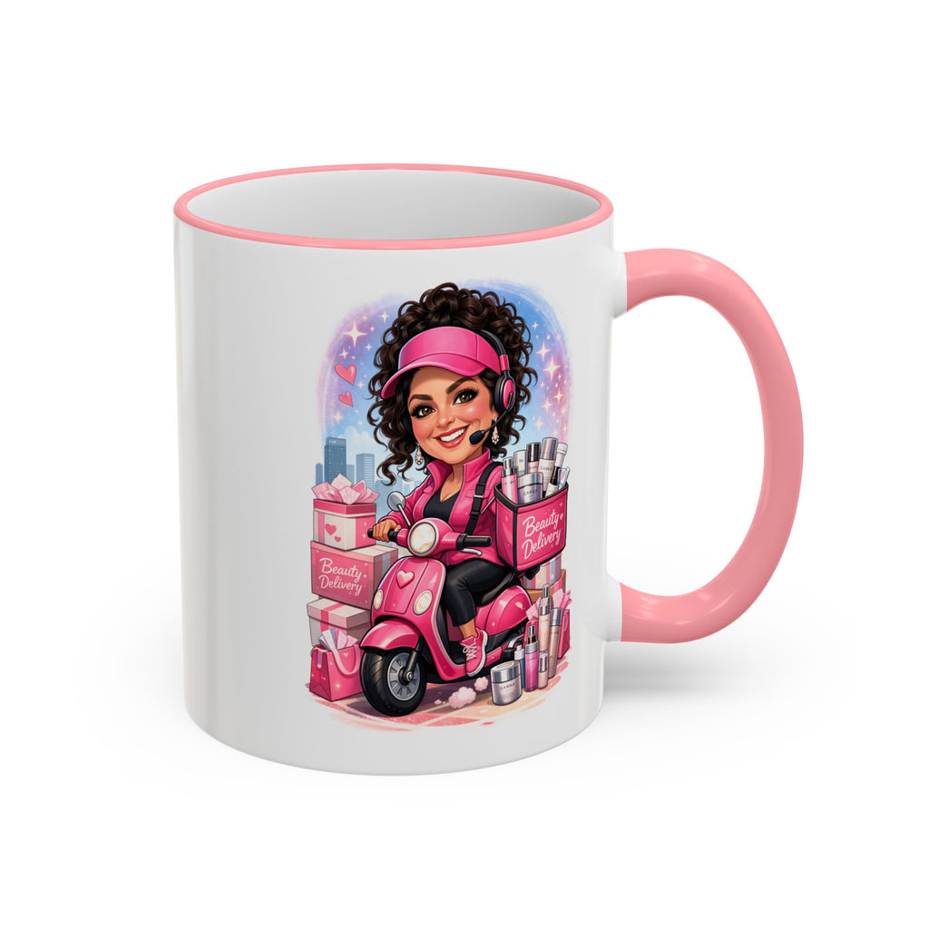 Coffee Mug — Cute Pink Makeup Girl Illustration Accent Rim & Handle