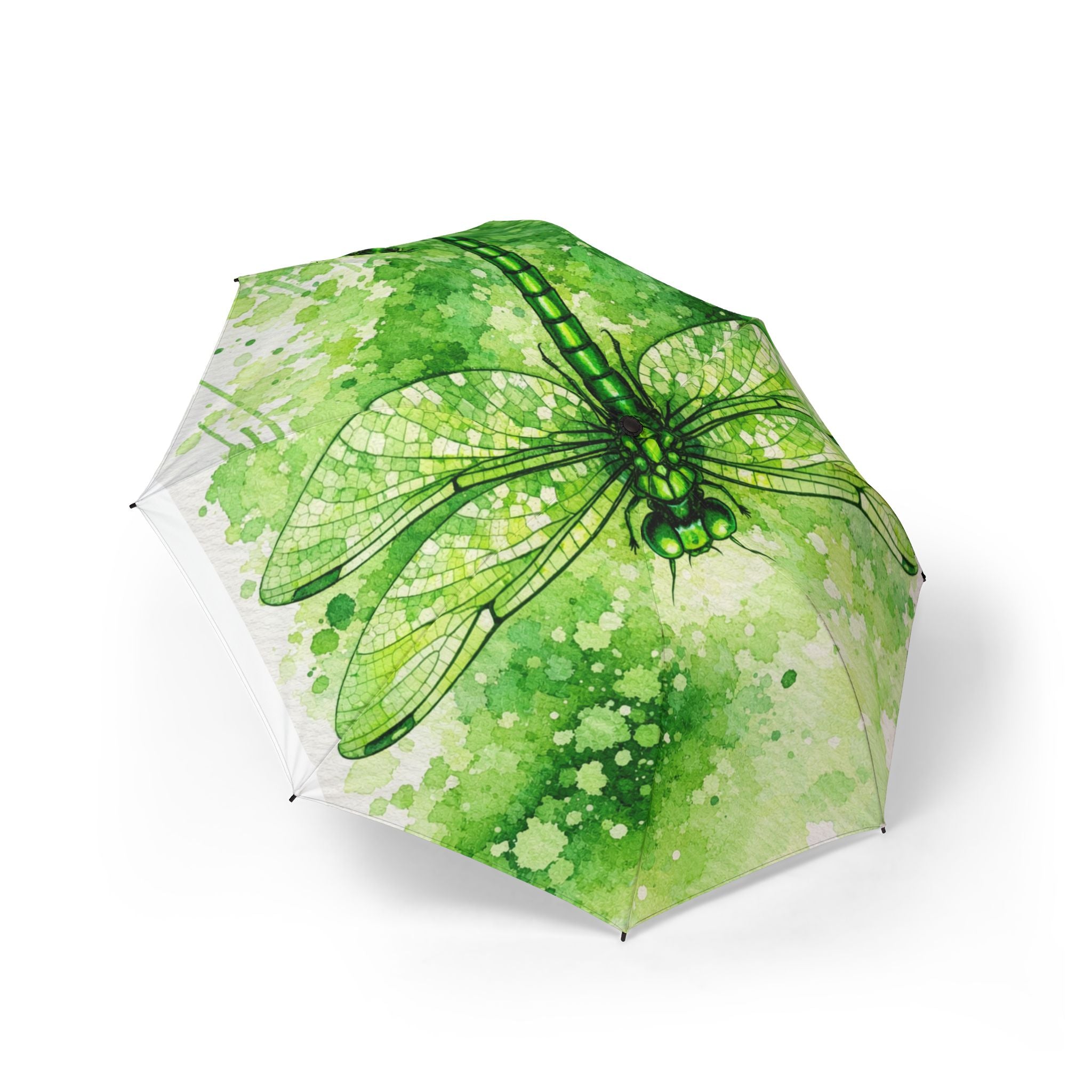 Dragonfly Print Foldable Umbrella – Green Watercolor Splash