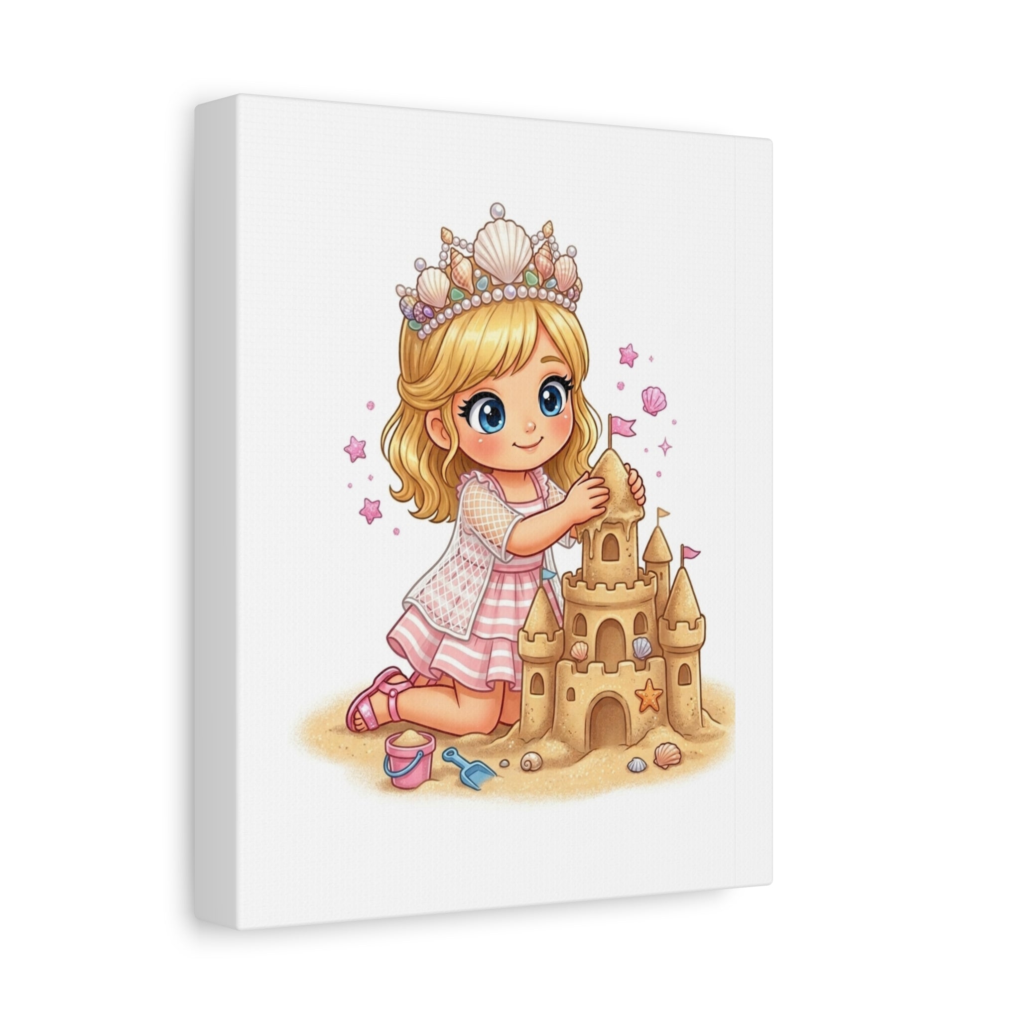 Princess Girl Building Sandcastle Canvas Wall Art — Cute Coastal Nursery Decor
