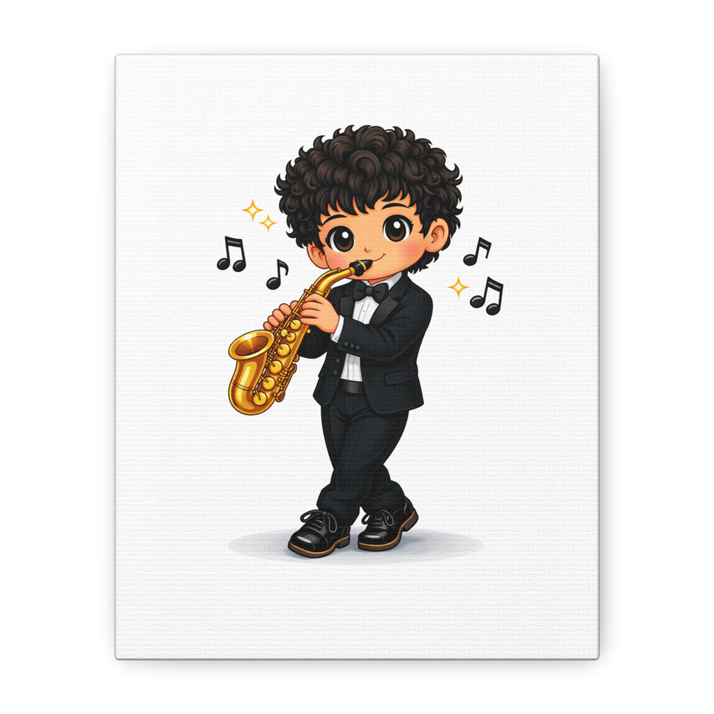 Cute Saxophonist Wall Canvas — Chibi Boy Playing Saxophone Artwork