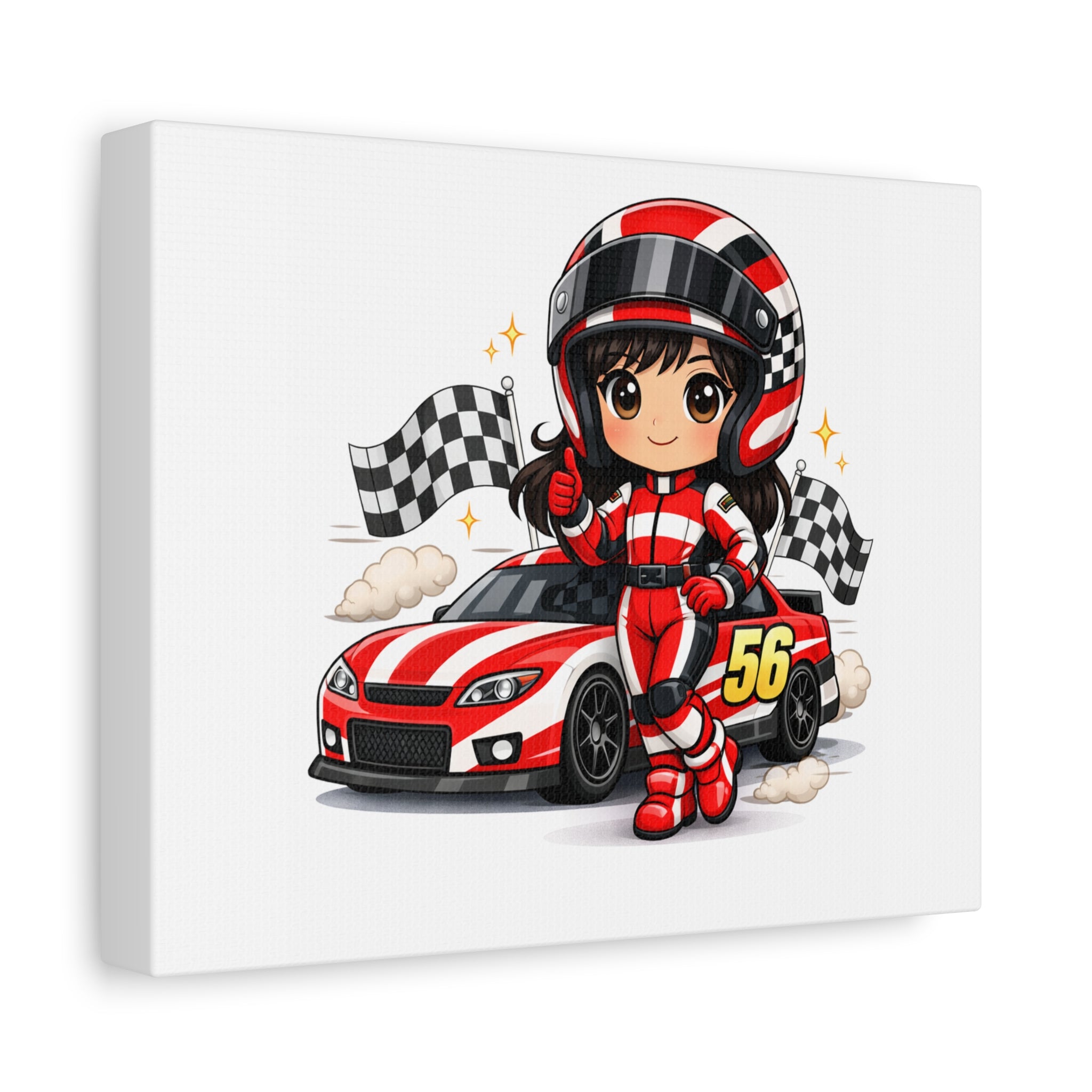 Racing Girl Canvas Print — Cute Red Race Car Driver Art (Number 56)