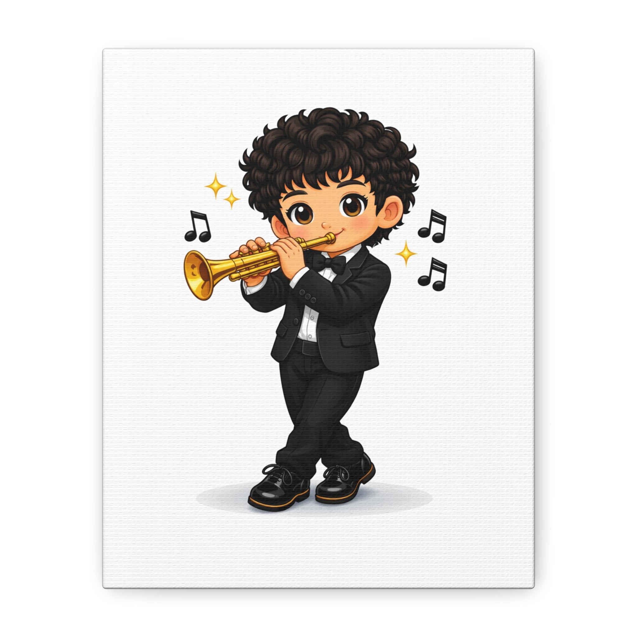Trumpet Player Canvas Wall Art — Cute Boy Musician Illustration, Matte Stretched 1.25"