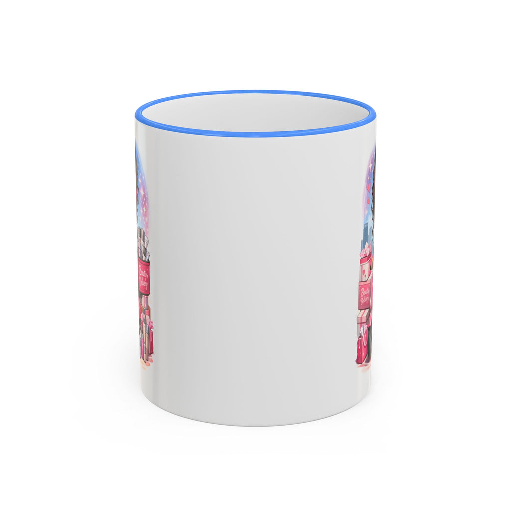 Coffee Mug — Cute Pink Makeup Girl Illustration Accent Rim & Handle